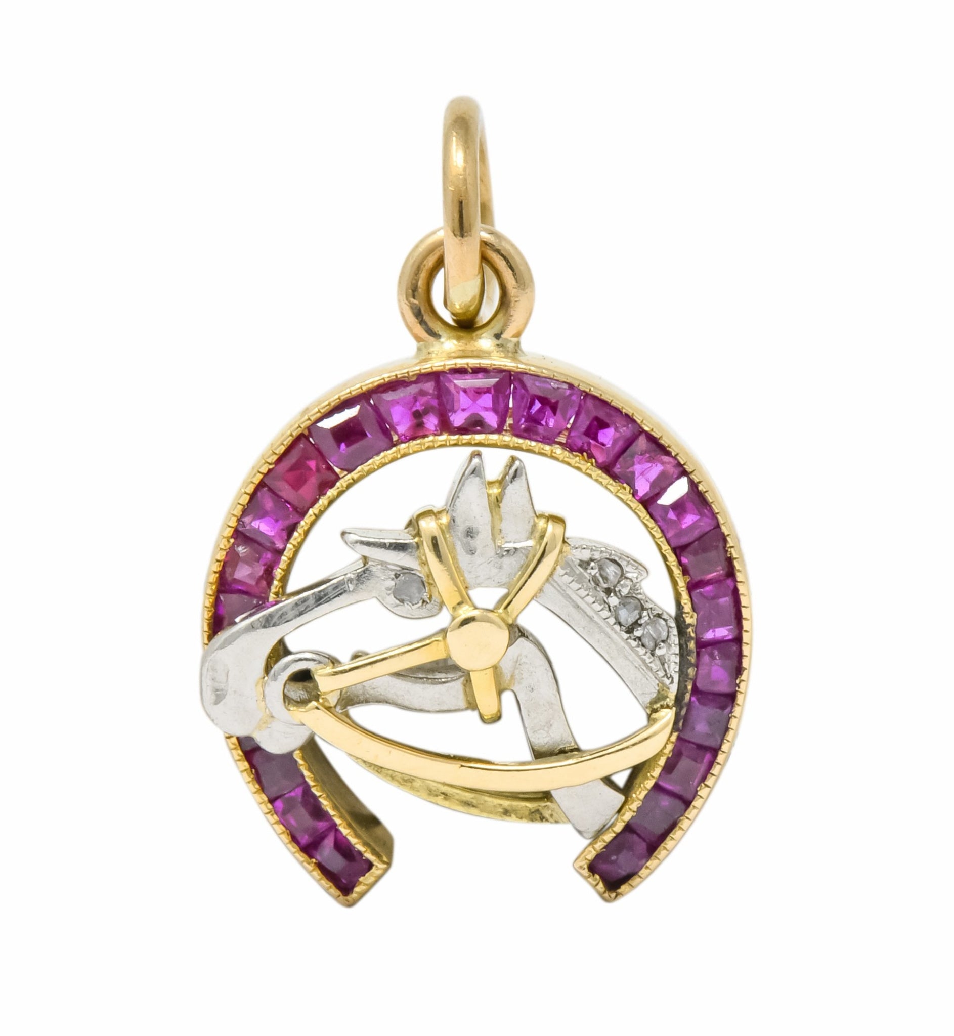 Edwardian 1.03 CTW Ruby Diamond 18 Karat Gold Platinum Horseshoe Horse Charm - Wilson's Estate Jewelry