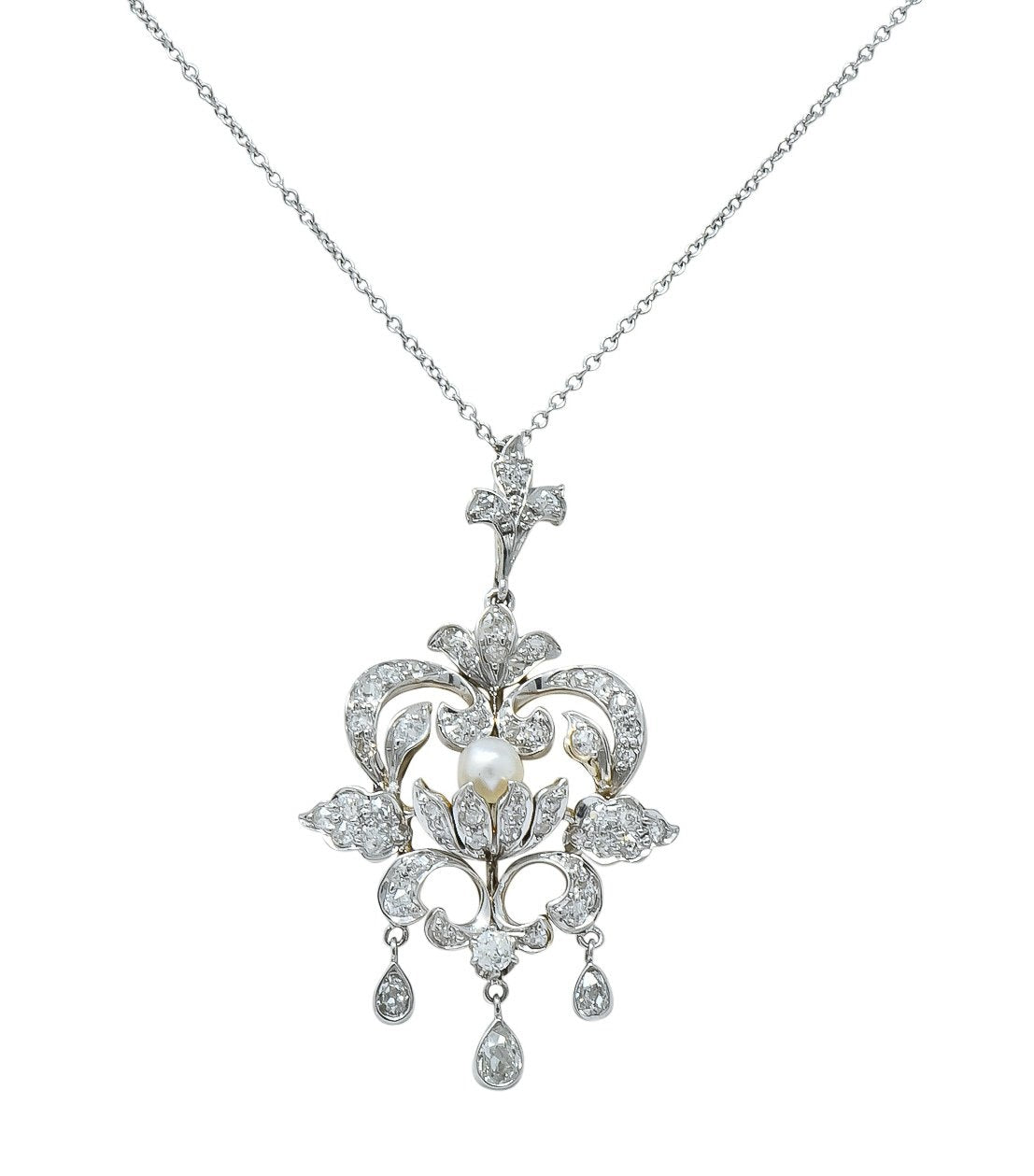 Edwardian 1.20 CTW Diamond Pearl Platinum-Topped 14 Karat Gold Pendant Necklace - Wilson's Estate Jewelry