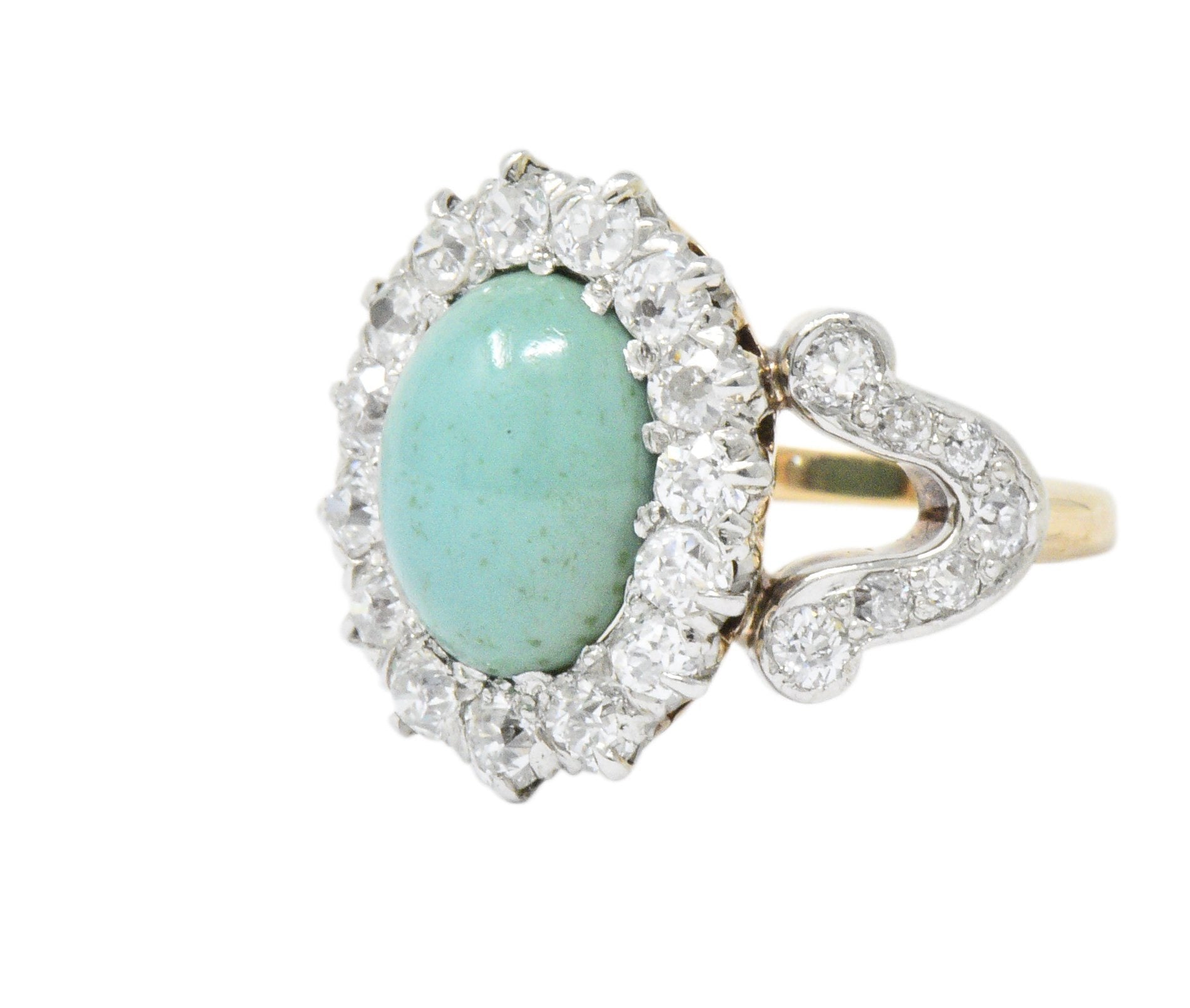 Edwardian 1.26 CTW Diamond Turquoise Platinum-Topped 14 Karat Gold Ring Wilson's Estate Jewelry