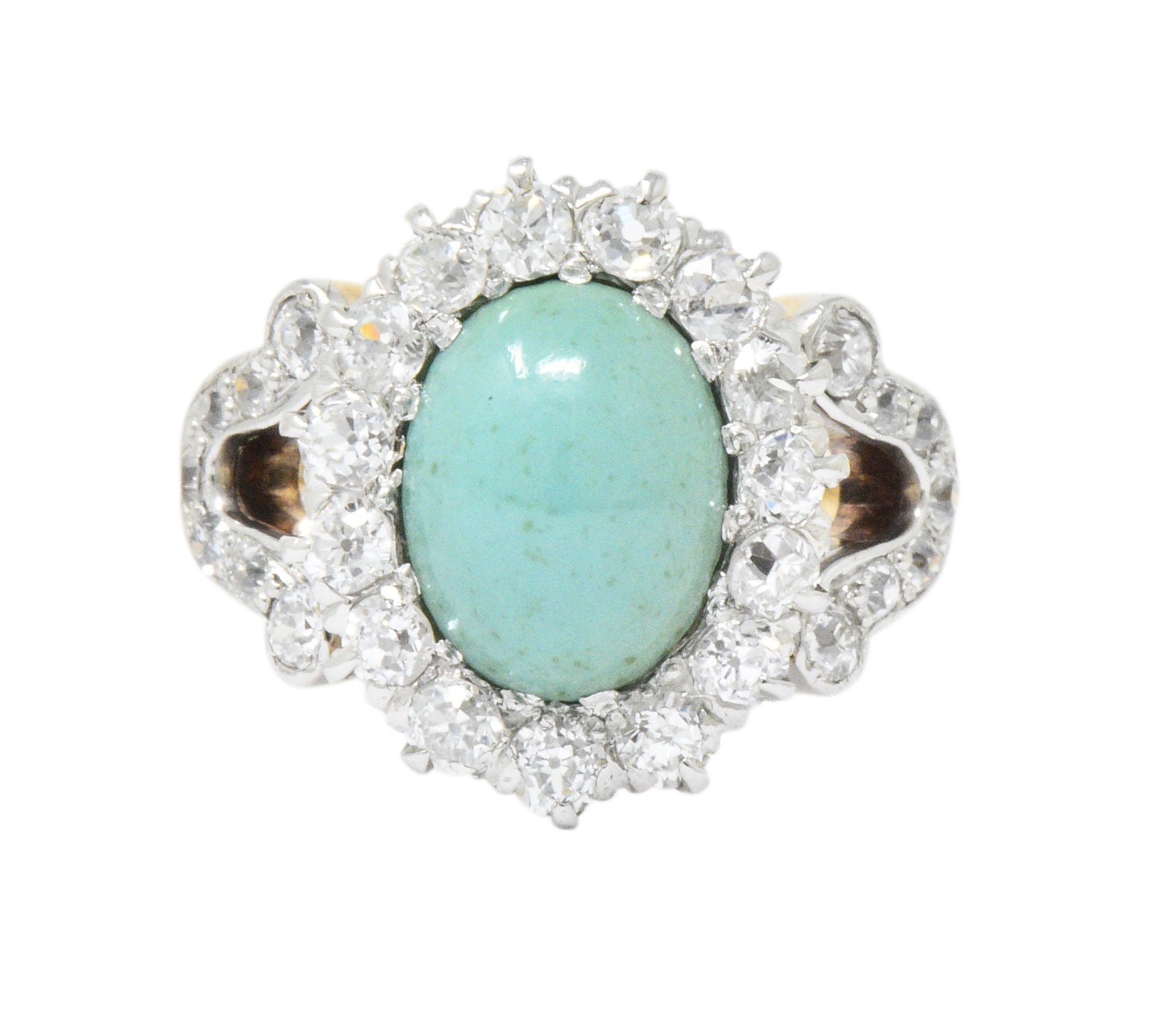 Edwardian 1.26 CTW Diamond Turquoise Platinum-Topped 14 Karat Gold Ring Wilson's Estate Jewelry