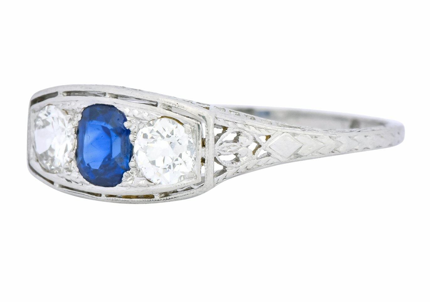 Edwardian 1.38 CTW Diamond Sapphire Platinum Three Stone Band Ring - Wilson's Estate Jewelry