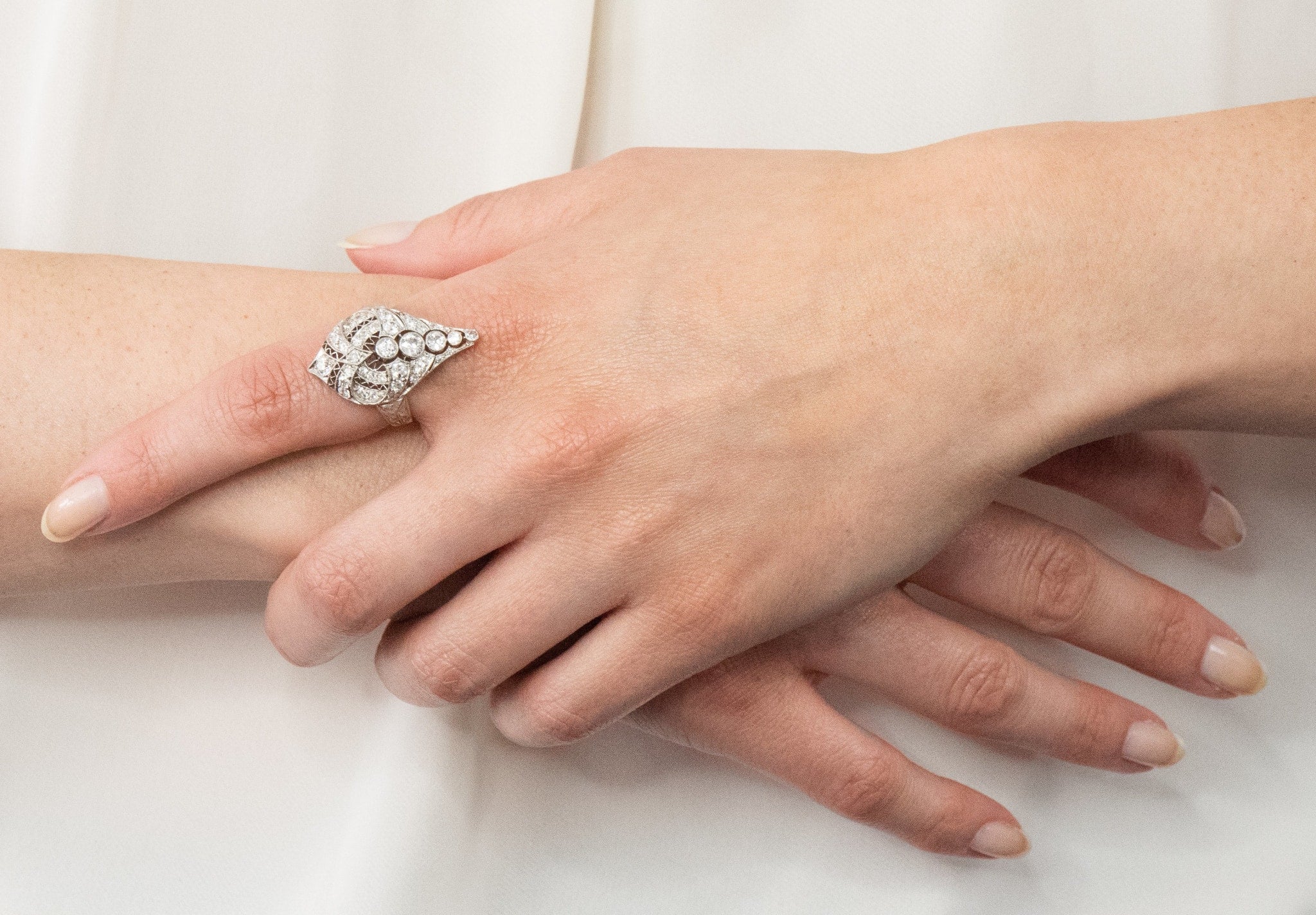 Edwardian 1.60 CTW Old European Diamond Platinum 14 Karat Rose Gold Cocktail Ring - Wilson's Estate Jewelry