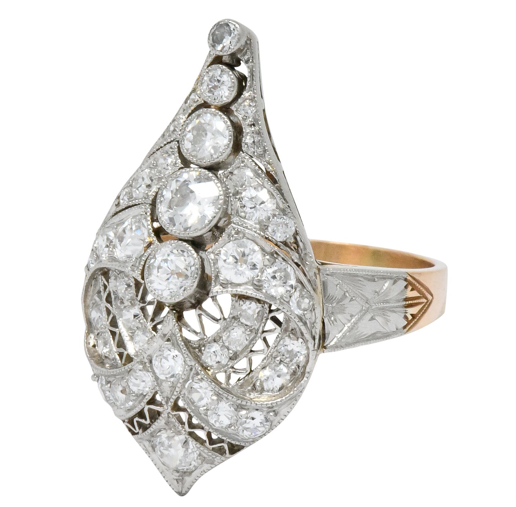 Edwardian 1.60 CTW Old European Diamond Platinum 14 Karat Rose Gold Cocktail Ring - Wilson's Estate Jewelry