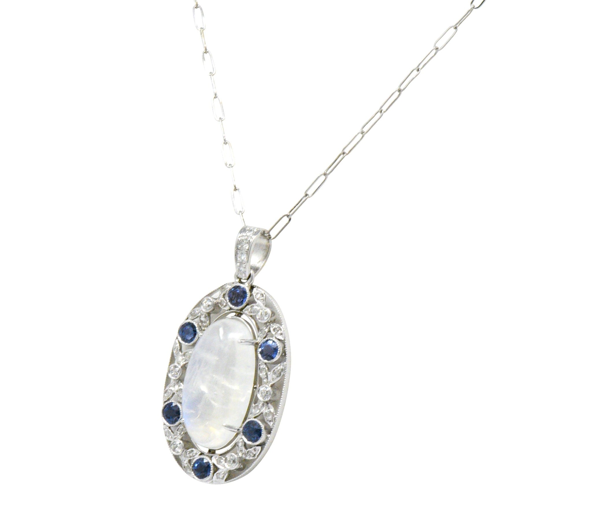 Edwardian 11.80 CTW Moonstone Sapphire Diamond Platinum Pendant Necklace Wilson's Estate Jewelry