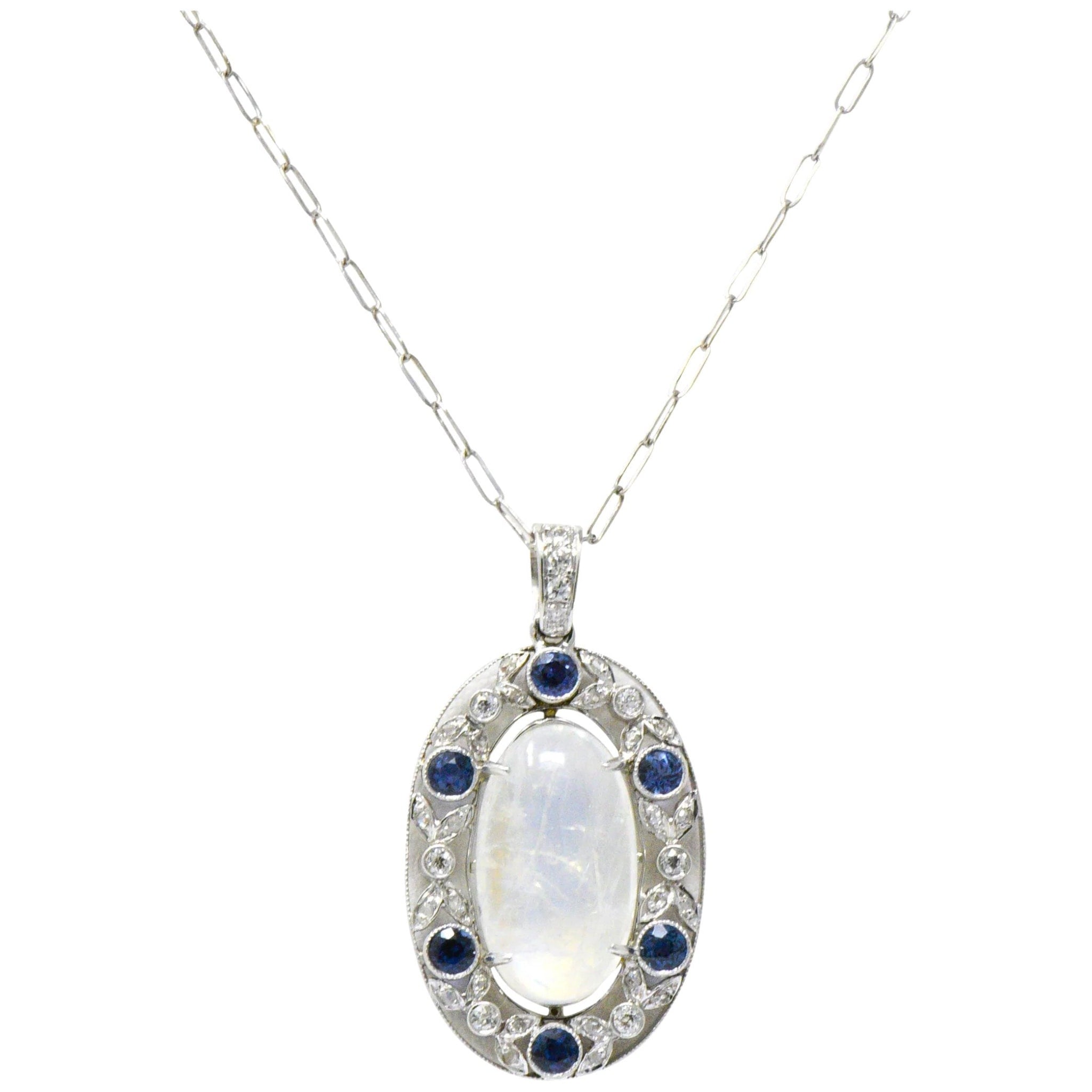 Edwardian 11.80 CTW Moonstone Sapphire Diamond Platinum Pendant Necklace Wilson's Estate Jewelry