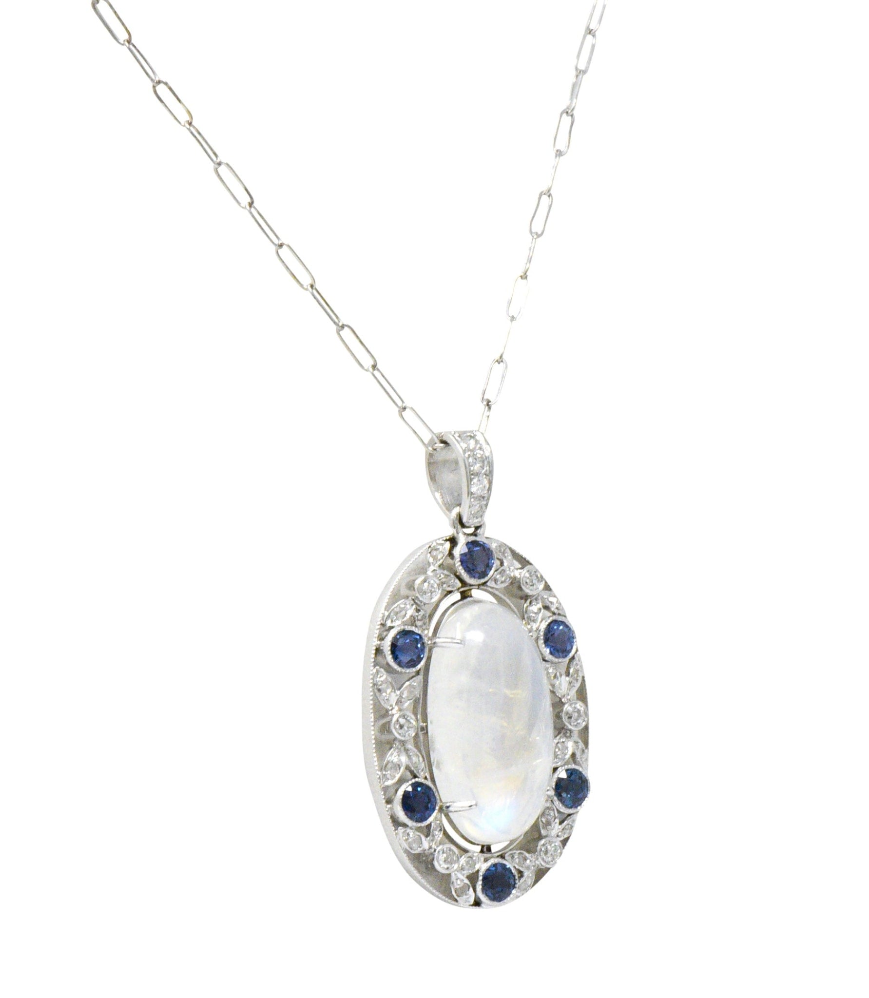 Edwardian 11.80 CTW Moonstone Sapphire Diamond Platinum Pendant Necklace Wilson's Estate Jewelry