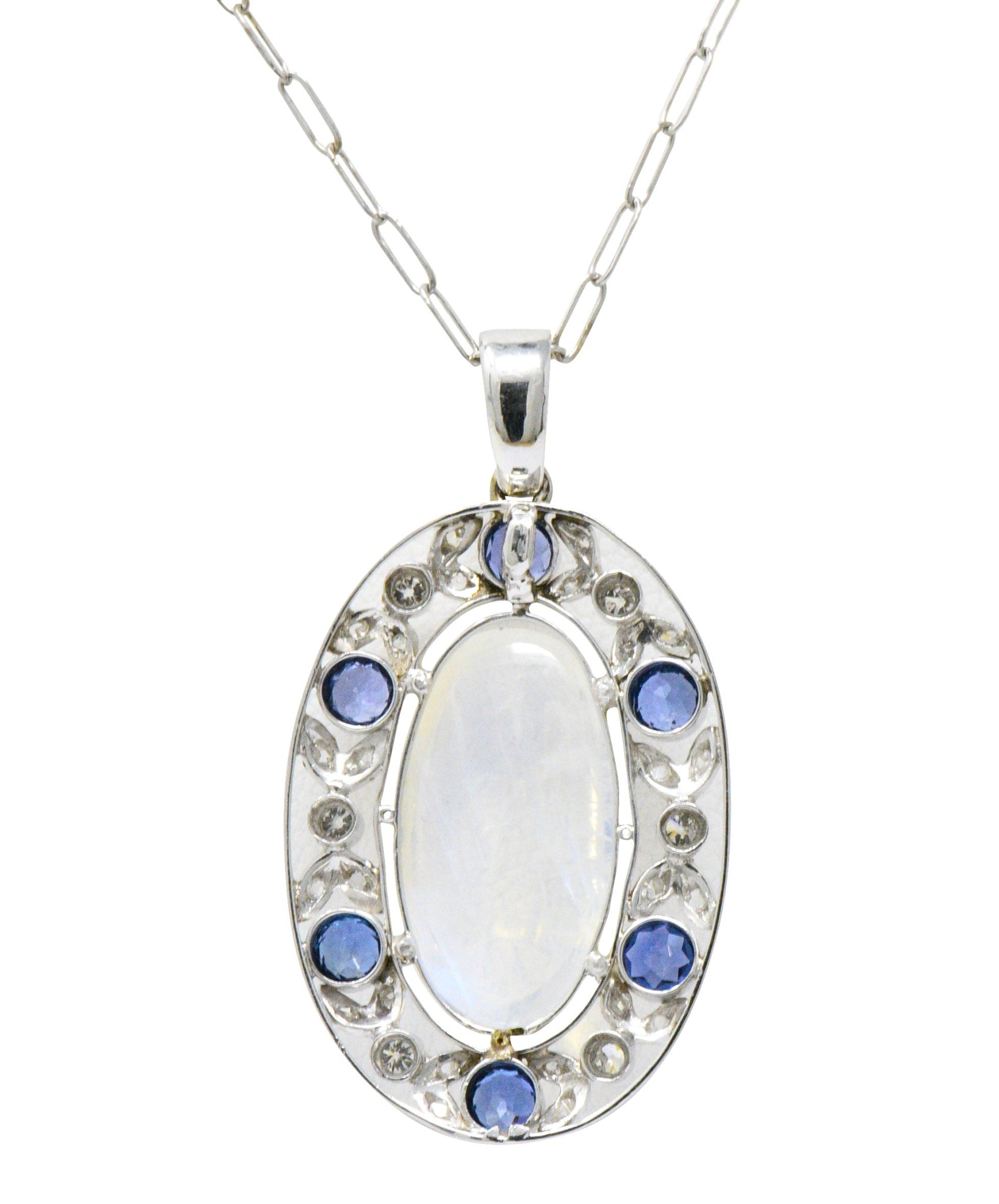 Edwardian 11.80 CTW Moonstone Sapphire Diamond Platinum Pendant Necklace Wilson's Estate Jewelry