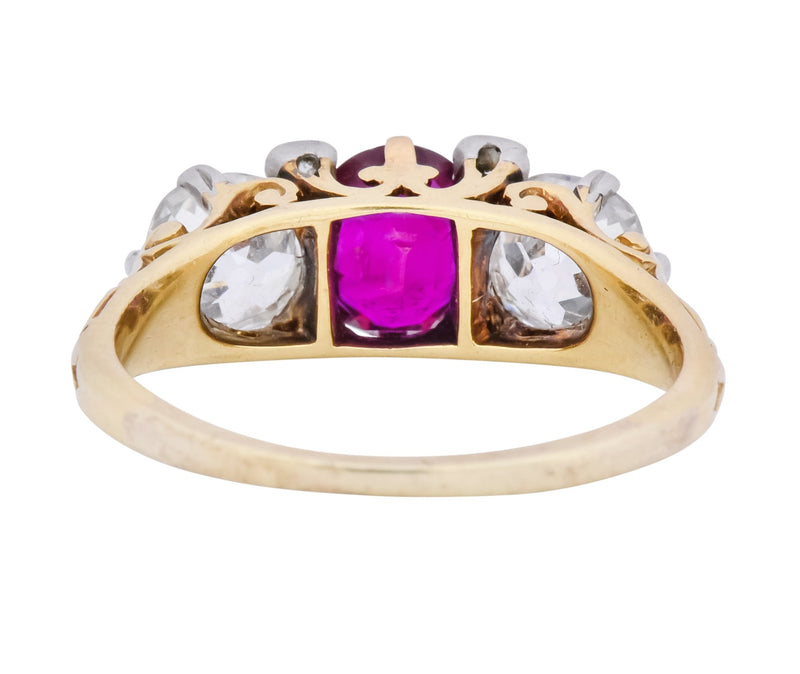 Edwardian 2.48 CTW Burma Ruby Diamond 18 Karat Gold Platinum Three Stone Ring - Wilson's Estate Jewelry