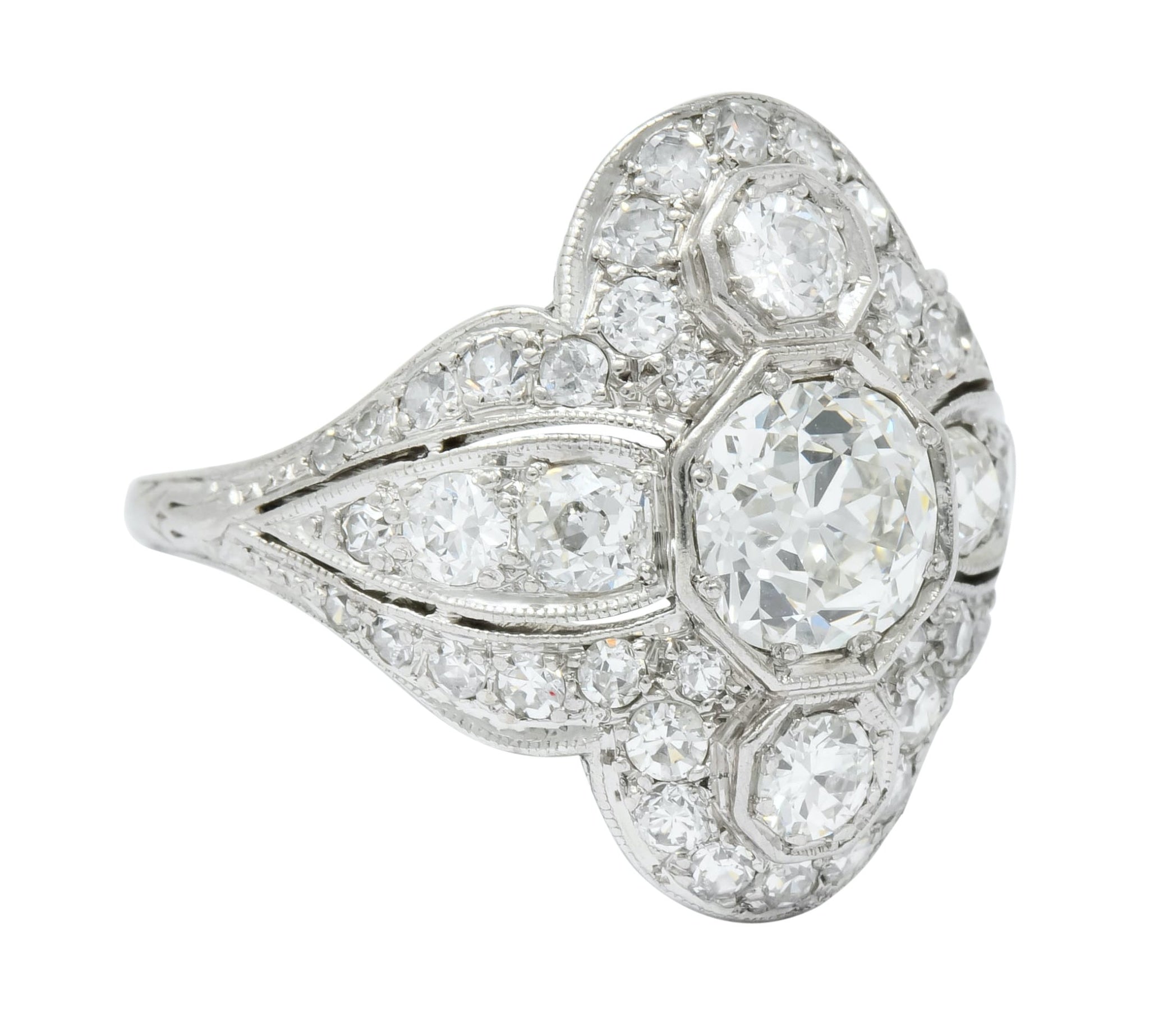 Edwardian 2.60 CTW Old European Diamond Platinum Quatrefoil Dinner Ring - Wilson's Estate Jewelry