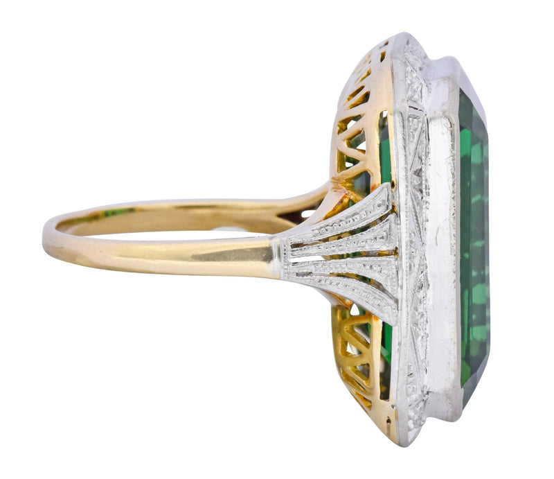 Edwardian 45.28 CTW Green Tourmaline Platinum-Topped 14 Karat Gold Cocktail Ring - Wilson's Estate Jewelry