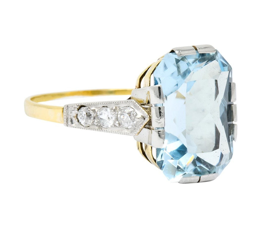 Edwardian 6.25 CTW Aquamarine Diamond Platinum-Topped 18 Karat Gold Ring Circa 1915 - Wilson's Estate Jewelry