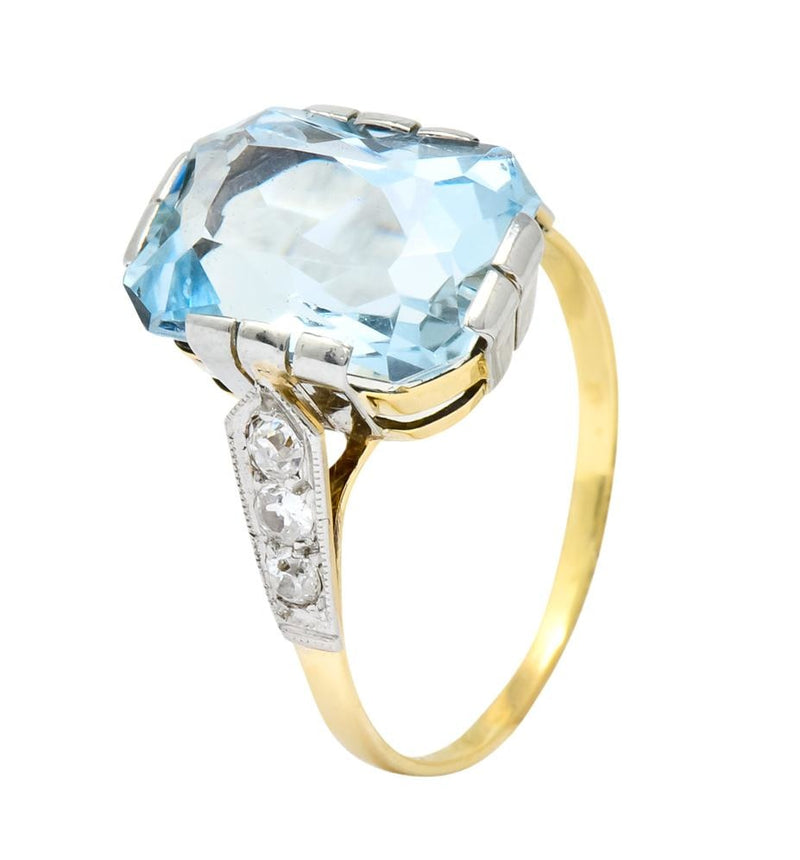 Edwardian 6.25 CTW Aquamarine Diamond Platinum-Topped 18 Karat Gold Ring Circa 1915 - Wilson's Estate Jewelry