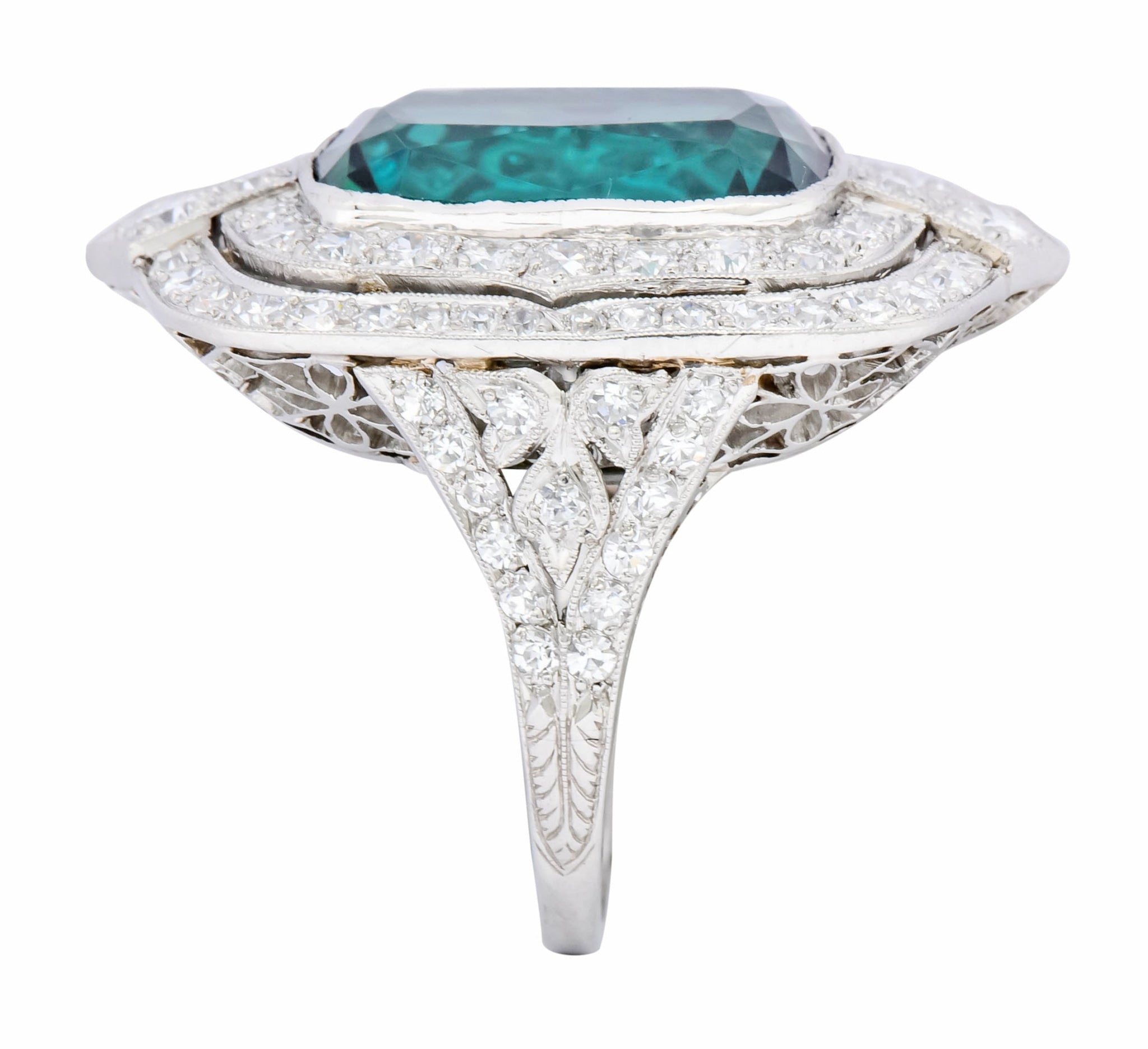 Edwardian 9.90 CTW Green Tourmaline Diamond Platinum Belle Epoque Ring - Wilson's Estate Jewelry