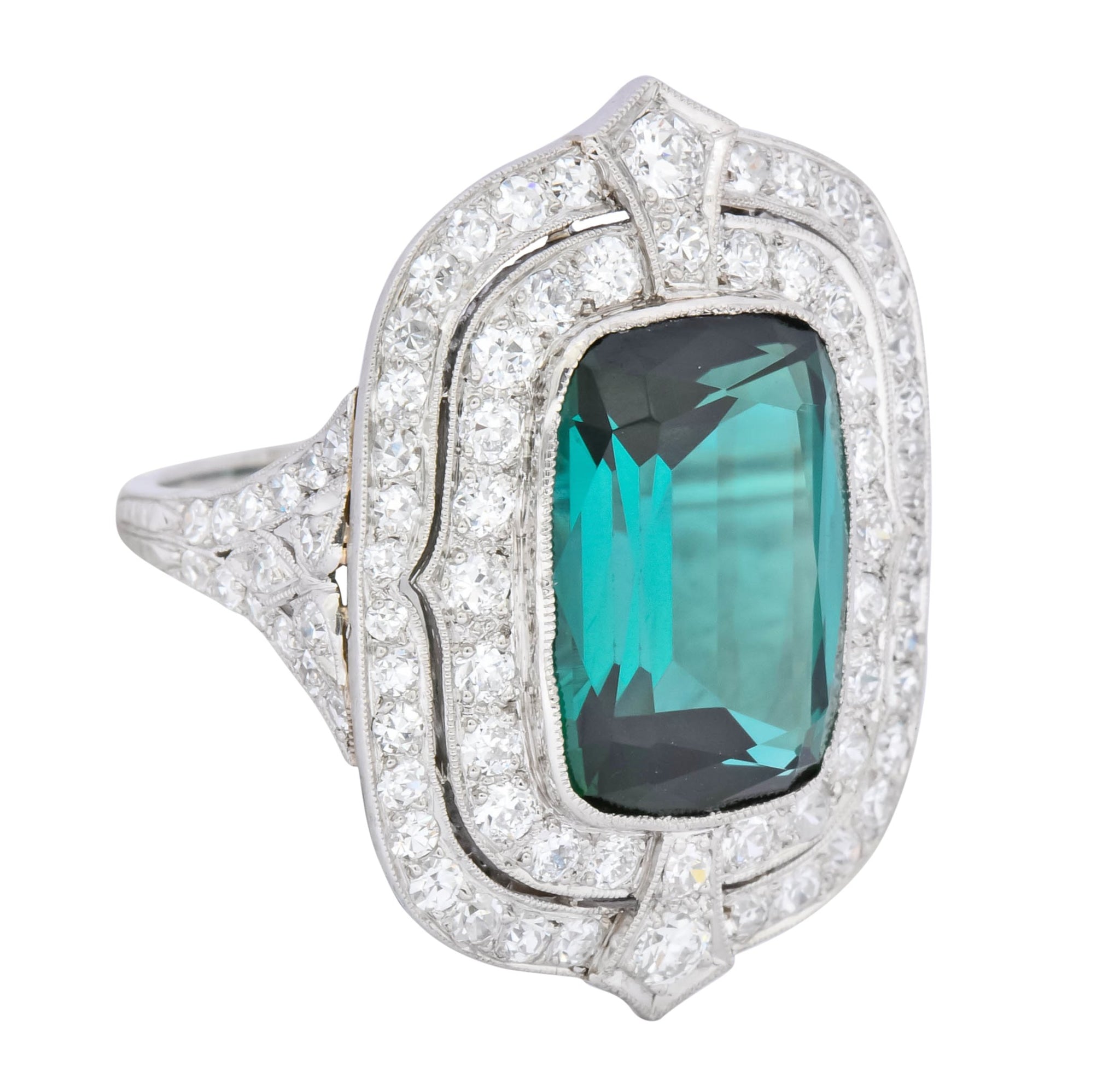 Edwardian 9.90 CTW Green Tourmaline Diamond Platinum Belle Epoque Ring - Wilson's Estate Jewelry