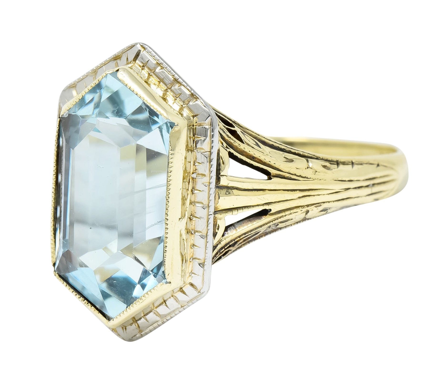 Edwardian Aquamarine Platinum-Topped 14 Karat Gold Hexagonal Ring - Wilson's Estate Jewelry