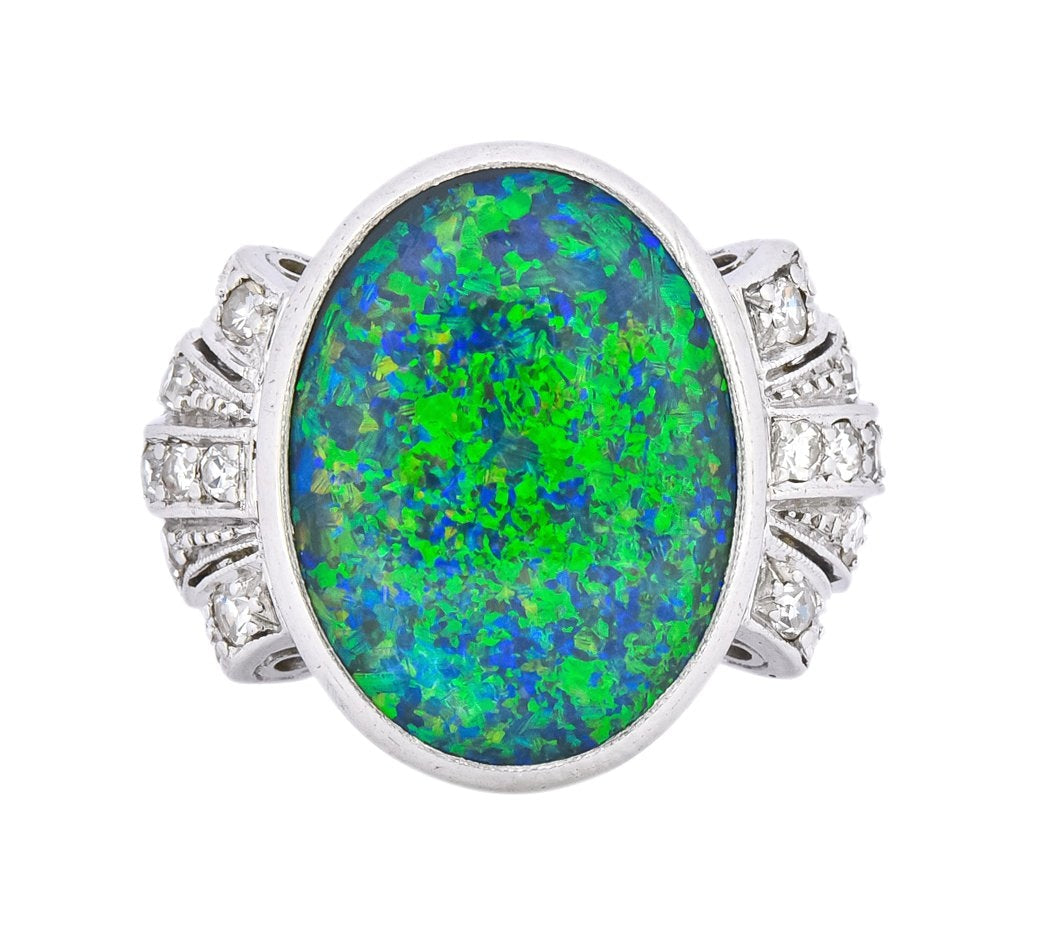 Edwardian Black Opal Diamond Platinum Cocktail Ring - Wilson's Estate Jewelry