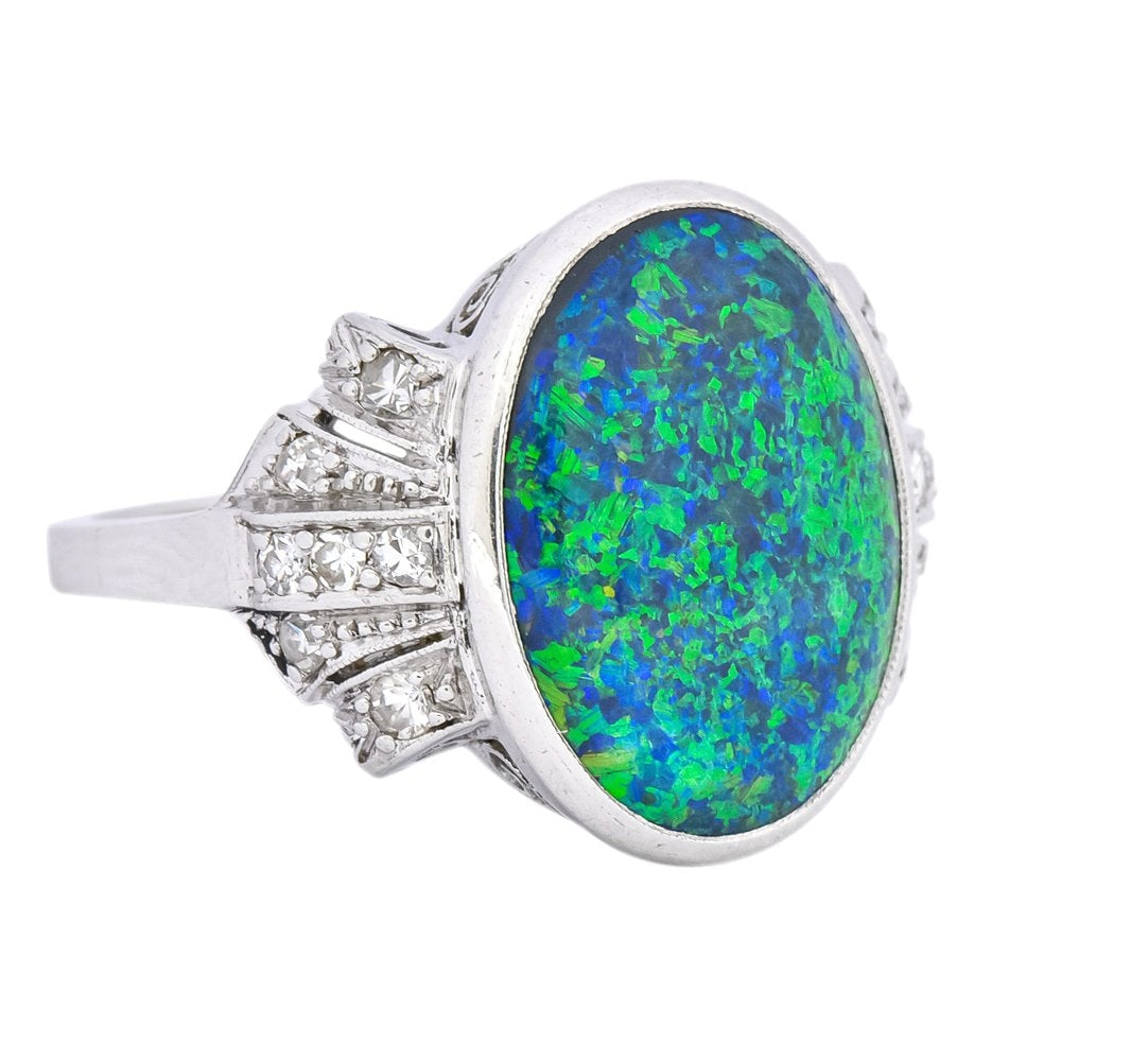 Edwardian Black Opal Diamond Platinum Cocktail Ring - Wilson's Estate Jewelry