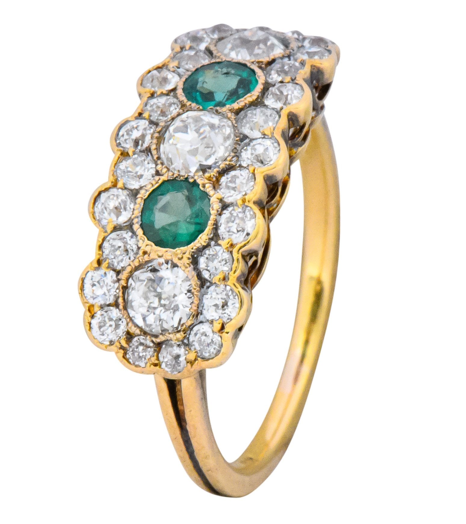 Edwardian Bridger 1.60 CTW Diamond Emerald 18 Karat Gold Cluster Anniversary Ring - Wilson's Estate Jewelry