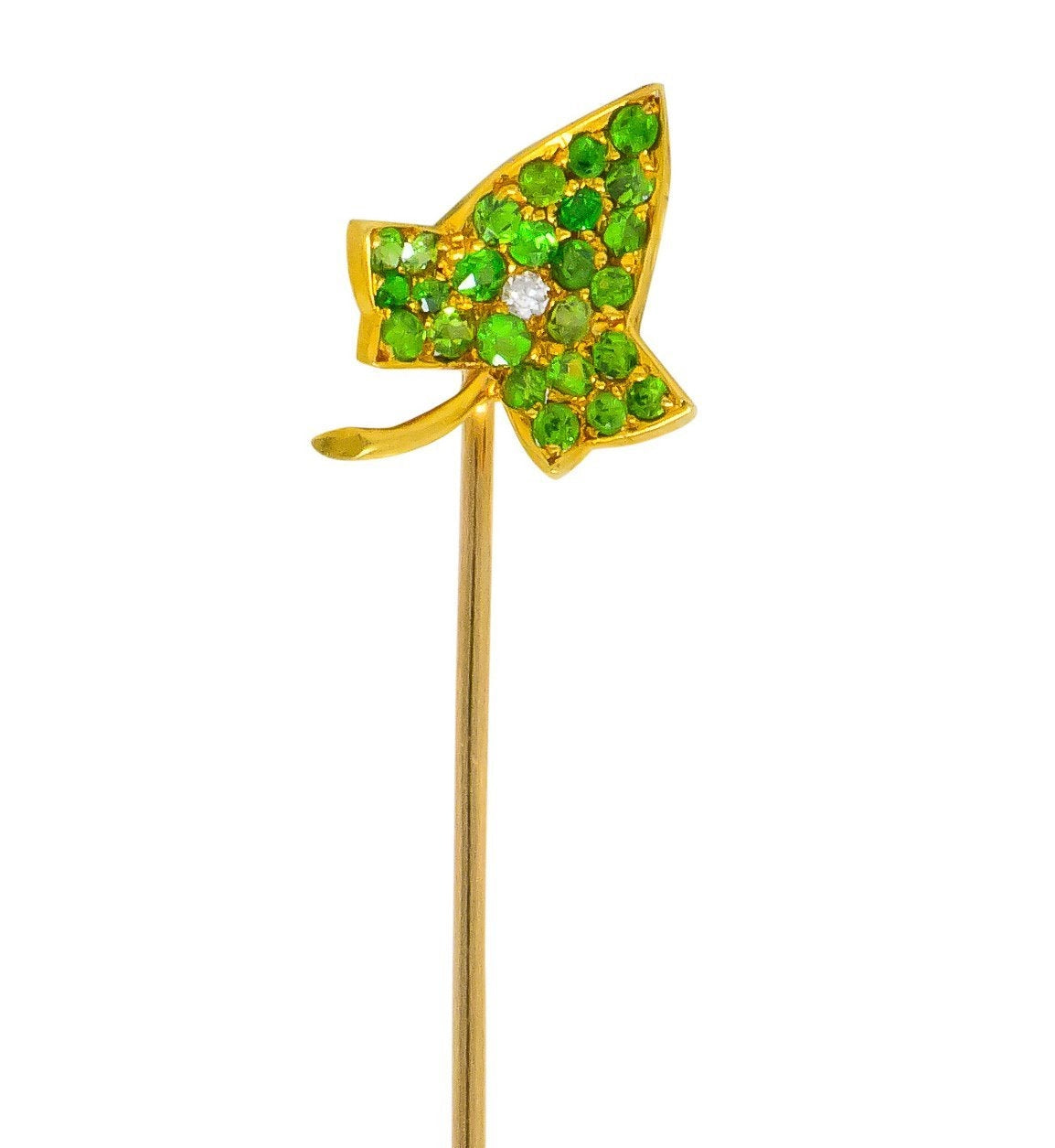 Edwardian Demantoid Garnet Diamond 18 Karat Gold Pavé Leaf Stickpin - Wilson's Estate Jewelry