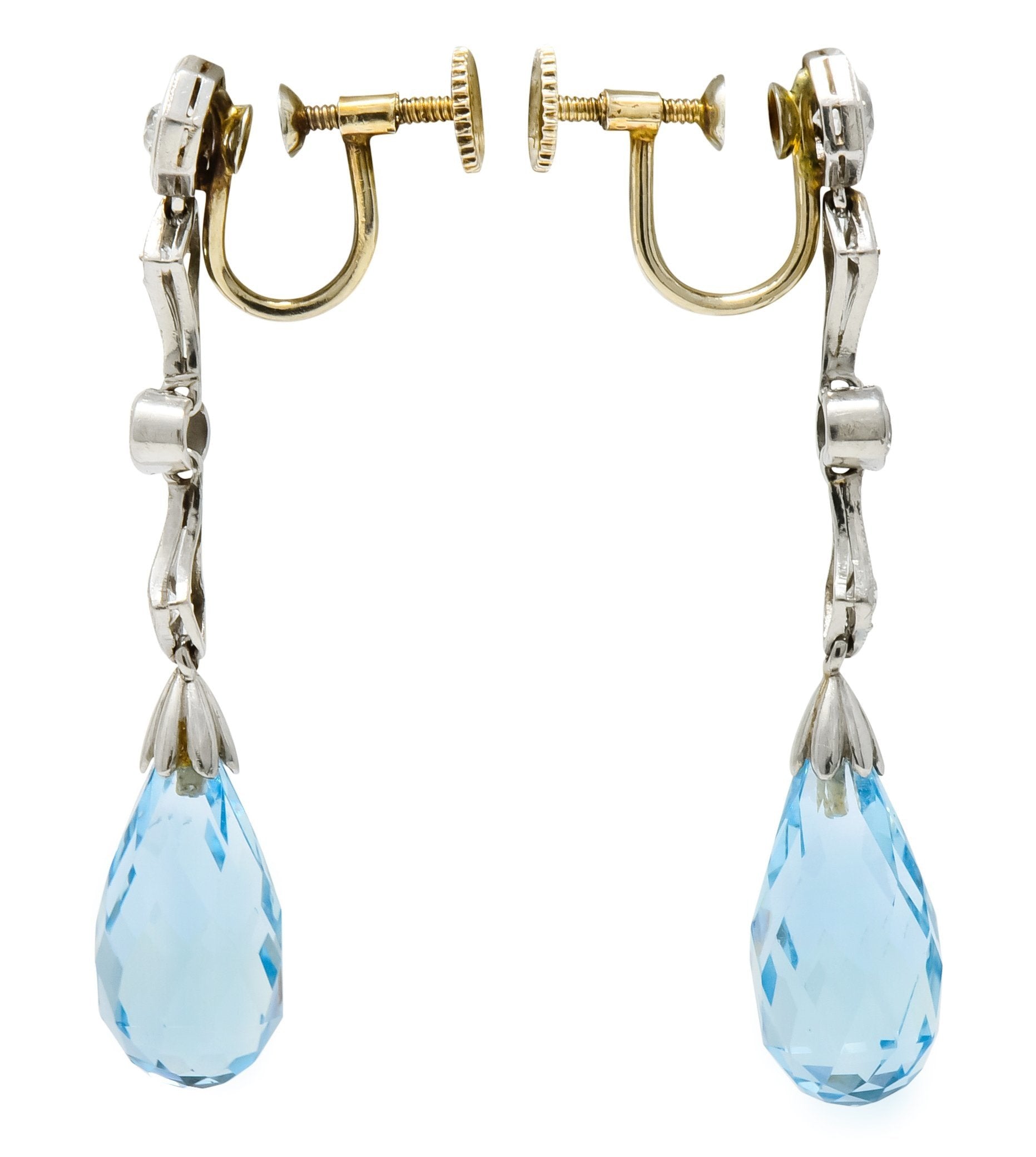 Edwardian Diamond Aquamarine Briolette Platinum Drop Earrings - Wilson's Estate Jewelry