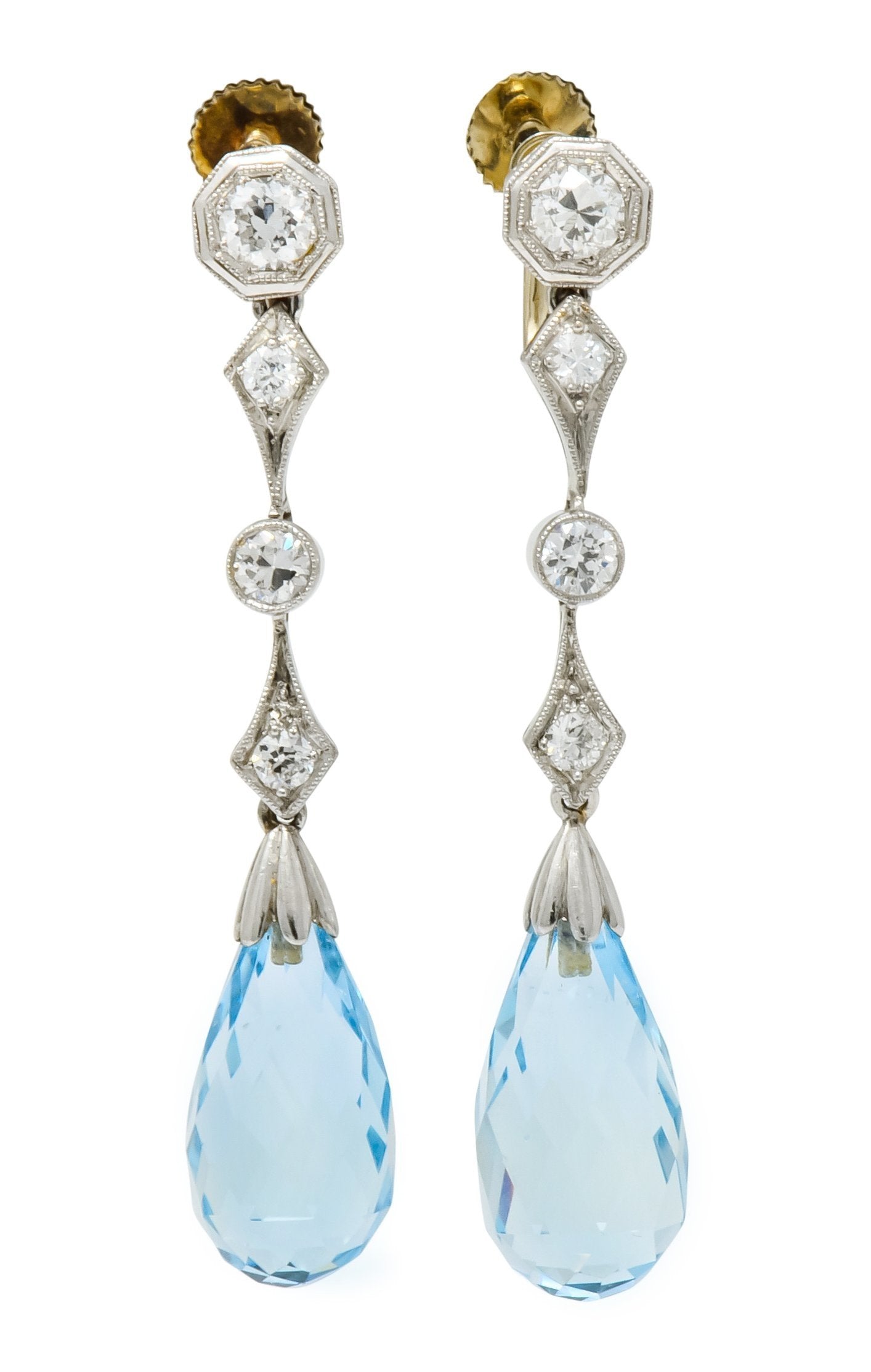 Edwardian Diamond Aquamarine Briolette Platinum Drop Earrings - Wilson's Estate Jewelry