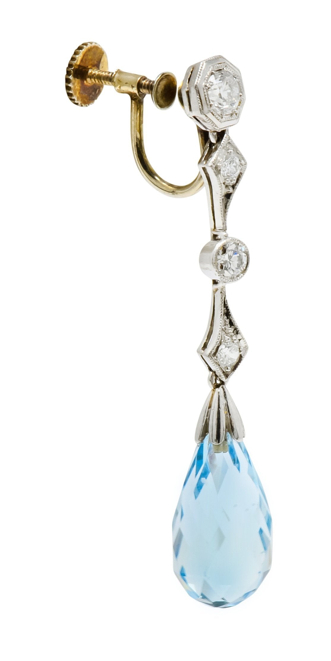 Edwardian Diamond Aquamarine Briolette Platinum Drop Earrings - Wilson's Estate Jewelry