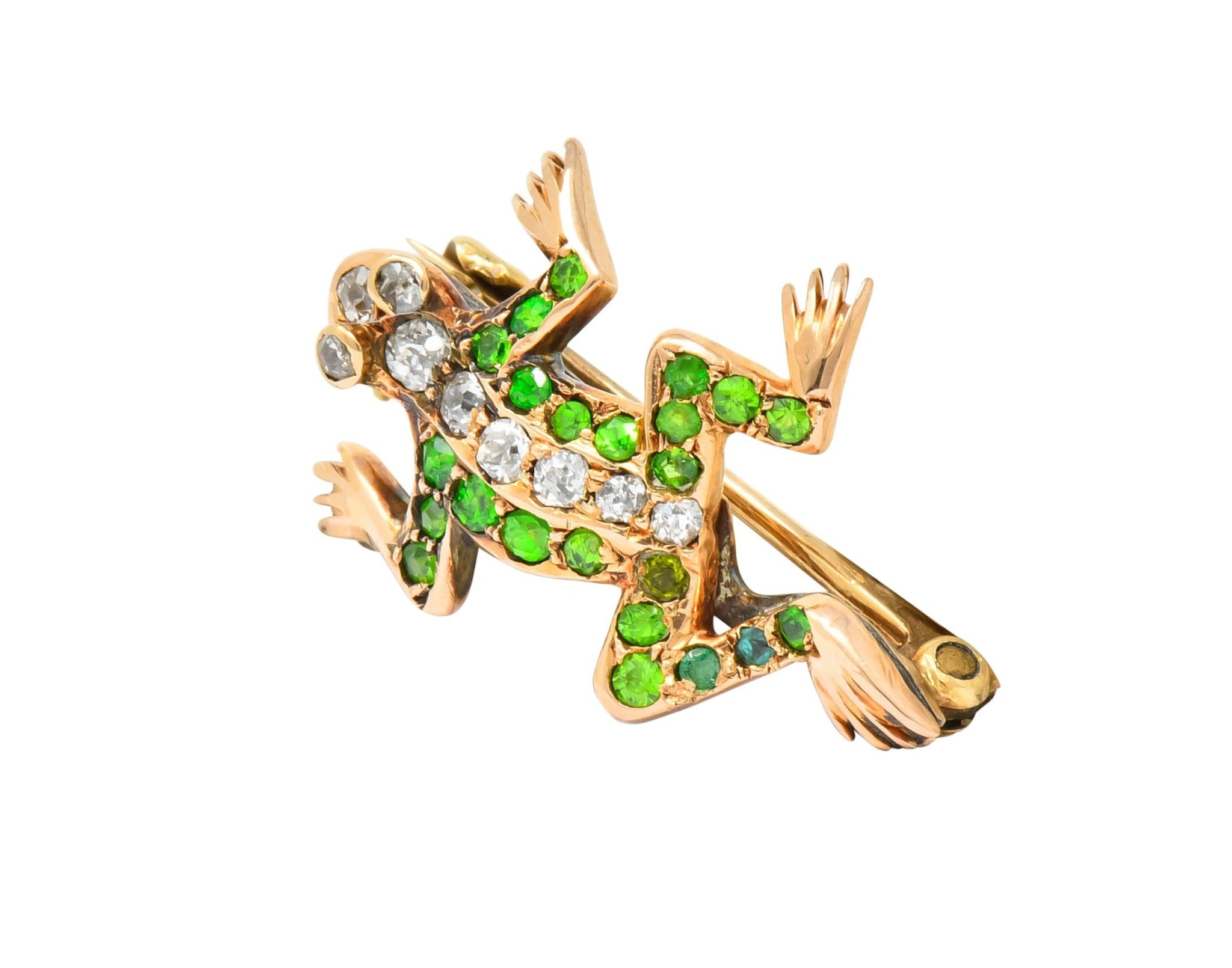 Edwardian Diamond Demantoid Garnet 14 Karat Gold Frog Brooch Circa 1900 - Wilson's Estate Jewelry