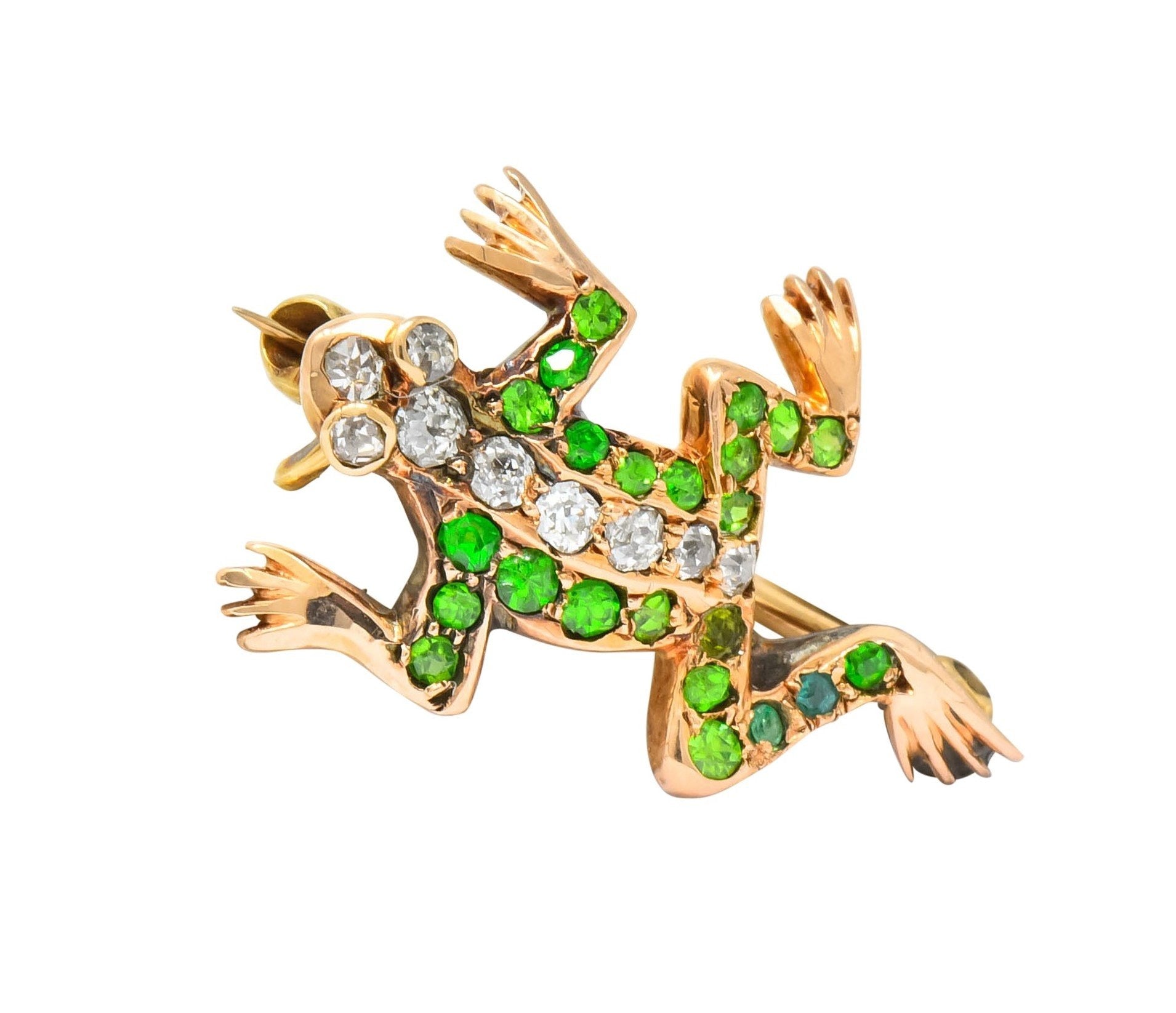 Edwardian Diamond Demantoid Garnet 14 Karat Gold Frog Brooch Circa 1900 - Wilson's Estate Jewelry