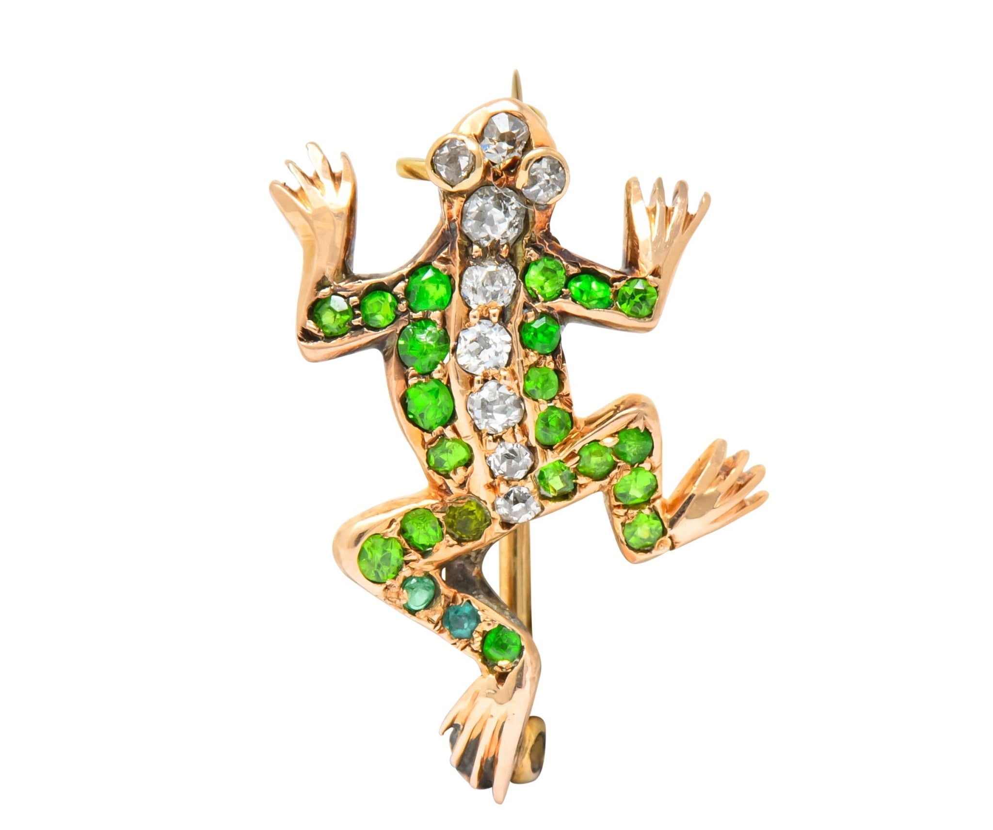 Edwardian Diamond Demantoid Garnet 14 Karat Gold Frog Brooch Circa 1900 - Wilson's Estate Jewelry