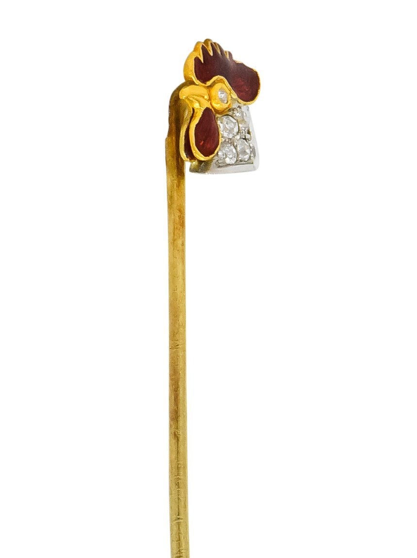 Edwardian Diamond Enamel Platinum-Topped 18 Karat Gold Rooster Stickpin - Wilson's Estate Jewelry