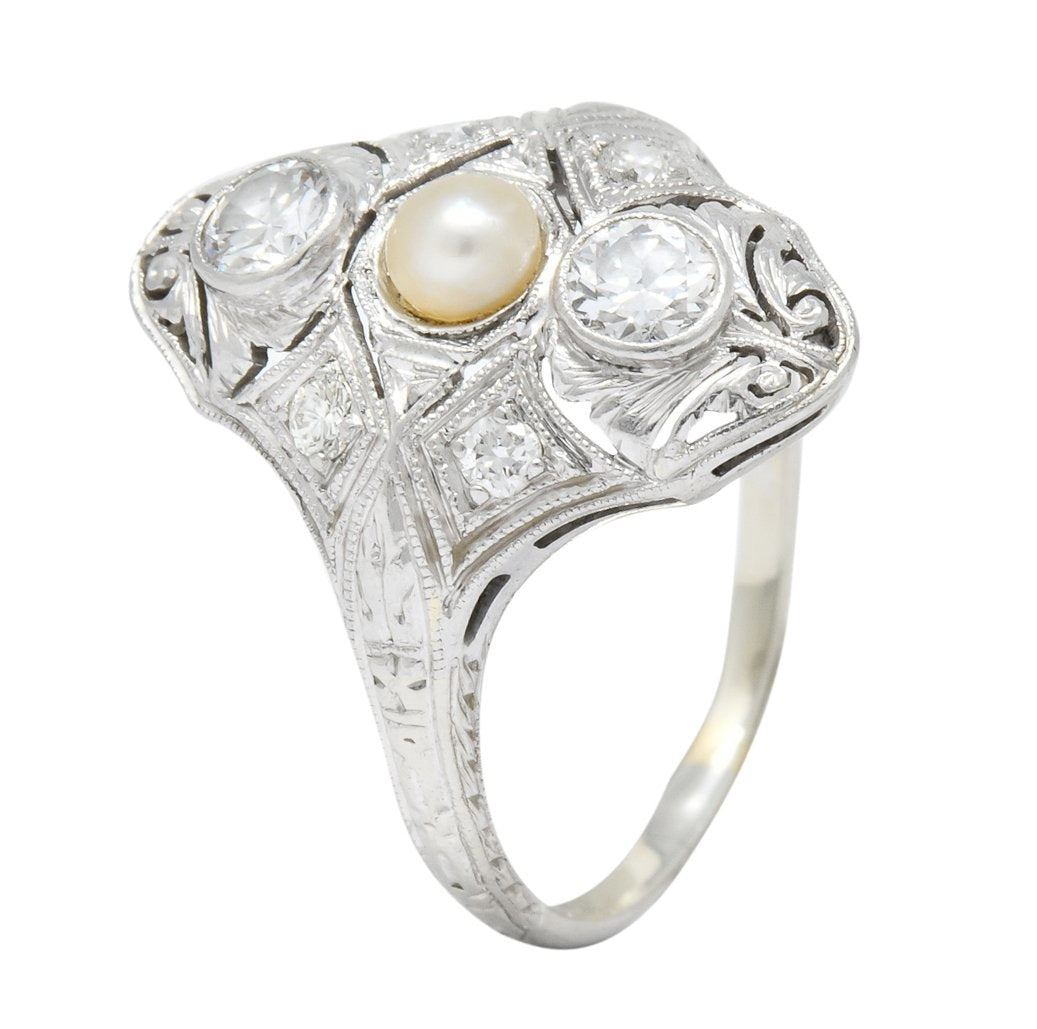 Edwardian Diamond Pearl Platinum 18 Karat White Gold Dinner Ring - Wilson's Estate Jewelry