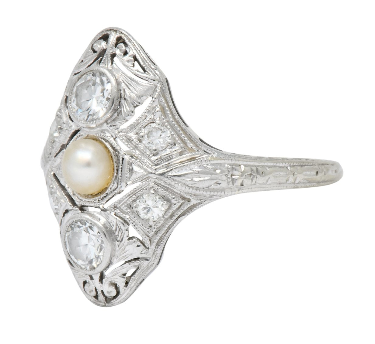 Edwardian Diamond Pearl Platinum 18 Karat White Gold Dinner Ring - Wilson's Estate Jewelry