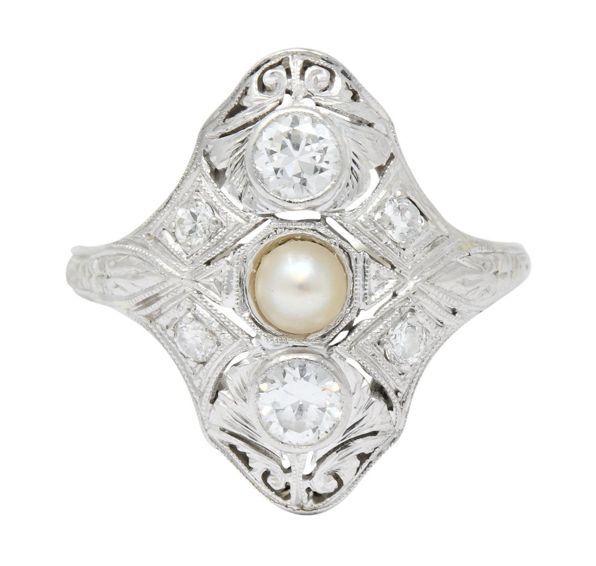 Edwardian Diamond Pearl Platinum 18 Karat White Gold Dinner Ring - Wilson's Estate Jewelry