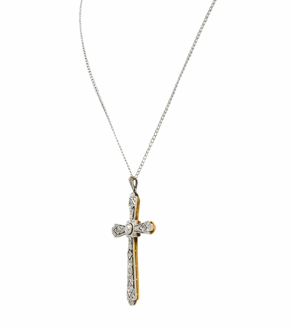 Edwardian Diamond Platinum-Topped 18 Karat Gold Cross Pendant - Wilson's Estate Jewelry