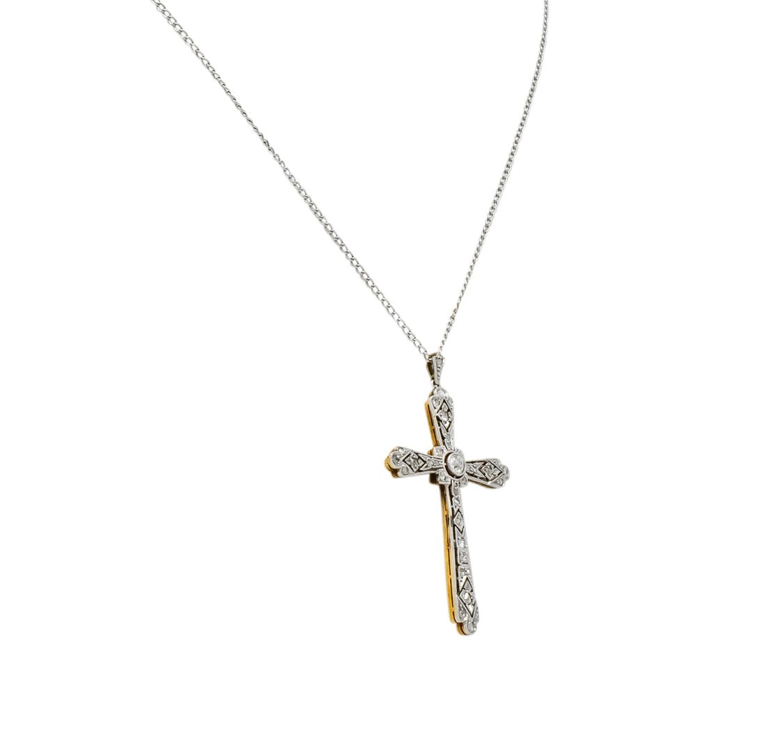 Edwardian Diamond Platinum-Topped 18 Karat Gold Cross Pendant - Wilson's Estate Jewelry