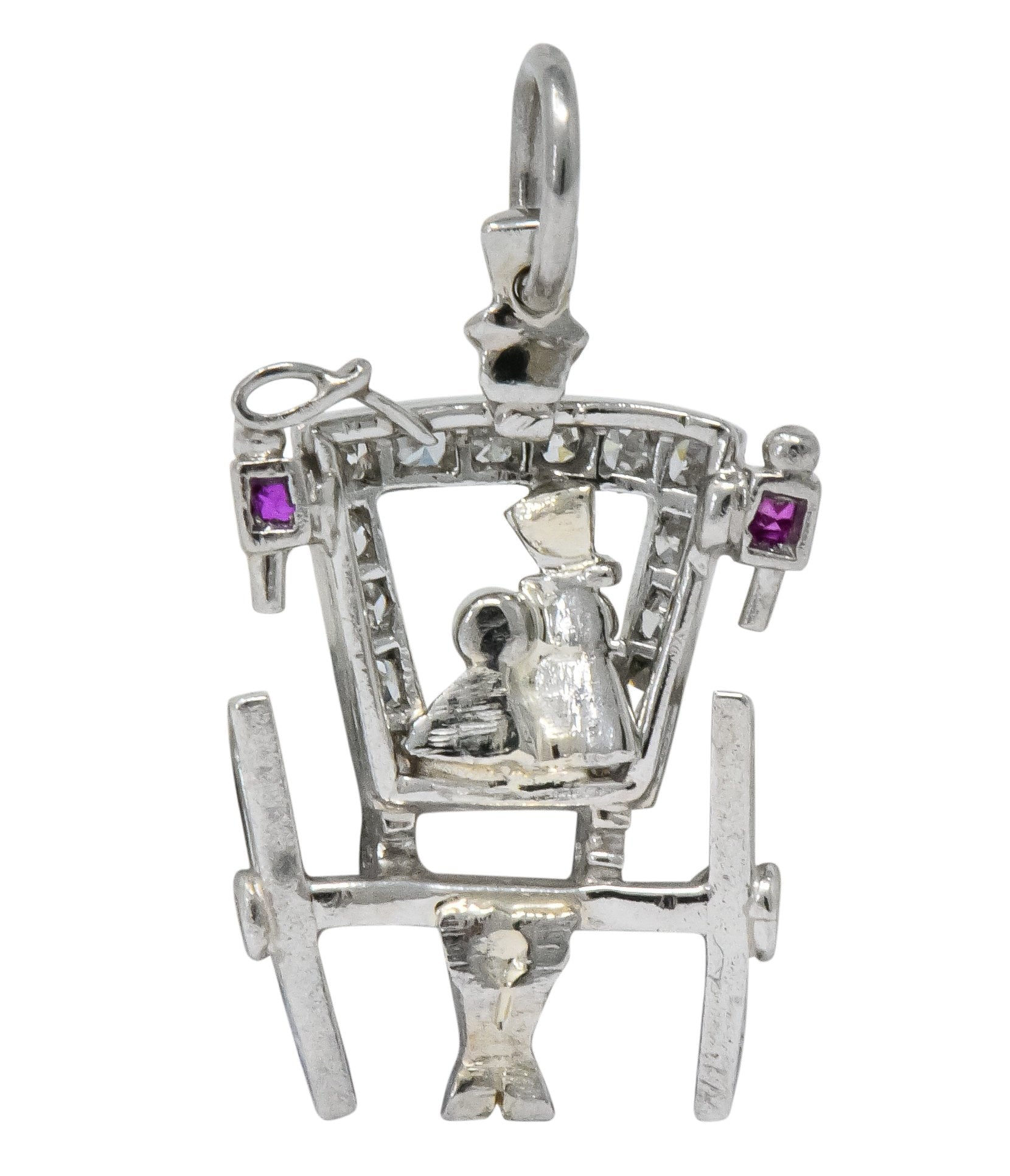 Edwardian Diamond Ruby Platinum Just Married Couple in Carriage Charm - Wilson's Estate Jewelry