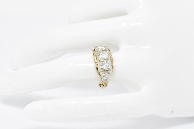 Edwardian European Cut Diamond Rose & Yellow Gold Diamond Three Stone Ring Wilson's Estate Jewelry