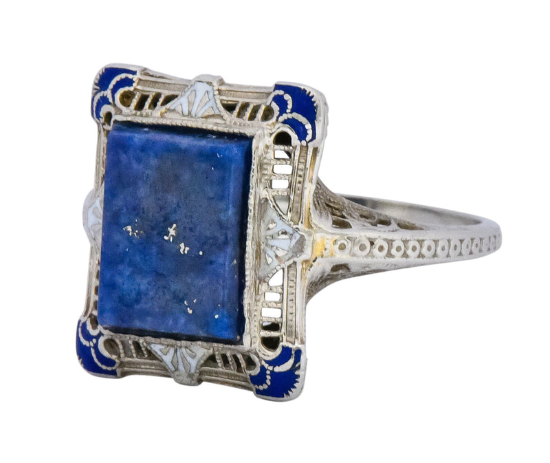 Edwardian Lapis Lazuli Enamel 14 Karat White Gold Dinner Ring - Wilson's Estate Jewelry