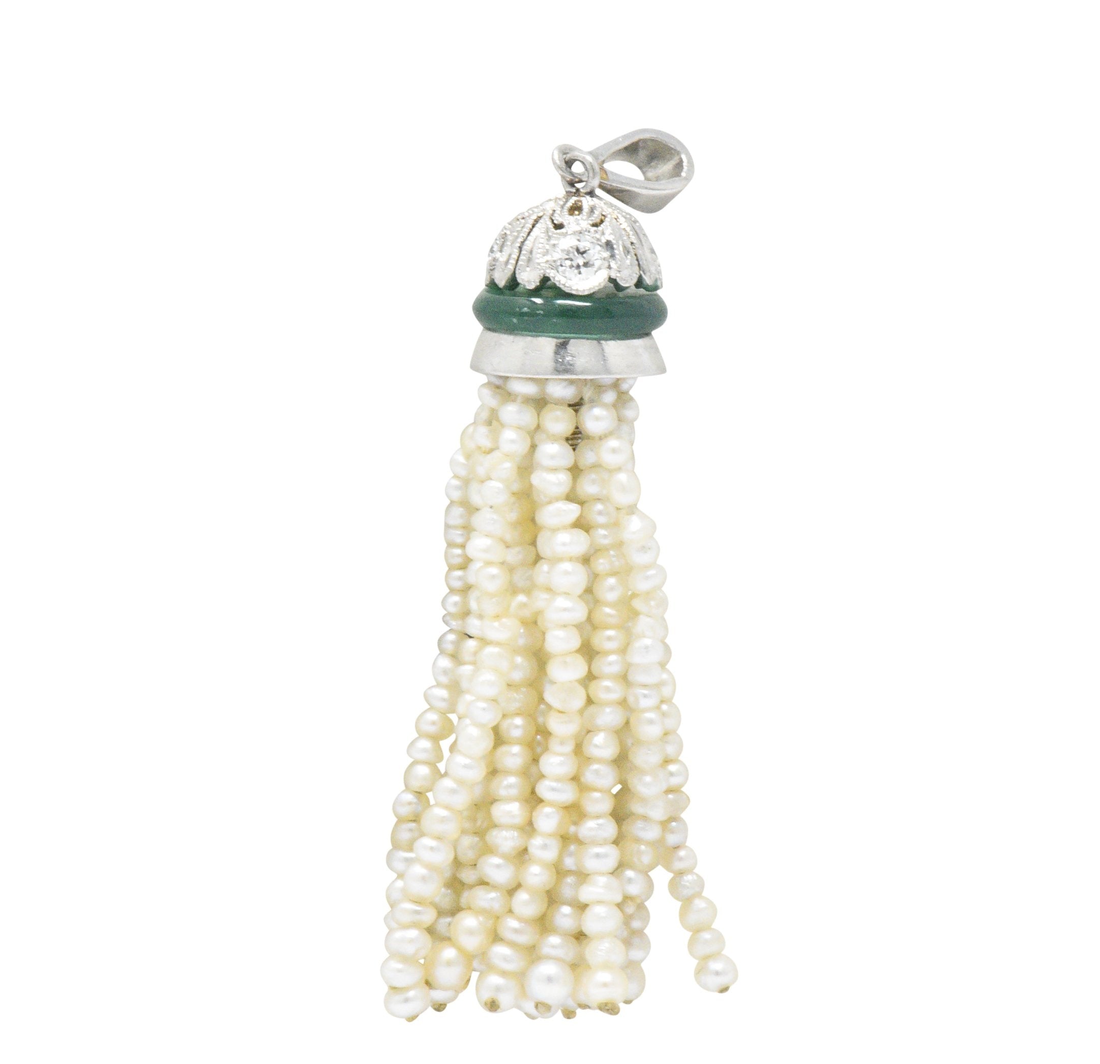 Edwardian Natural Seed Pearl Chalcedony Diamond Platinum Tassel Pendant Wilson's Estate Jewelry