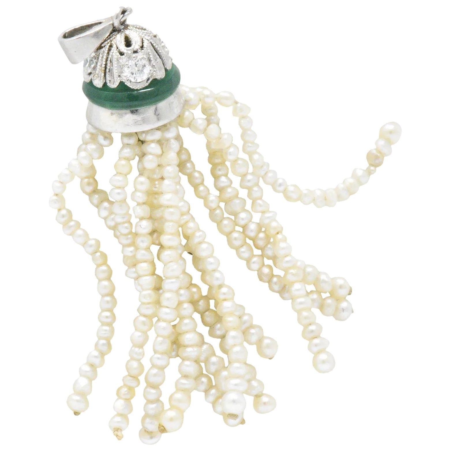 Edwardian Natural Seed Pearl Chalcedony Diamond Platinum Tassel Pendant Wilson's Estate Jewelry