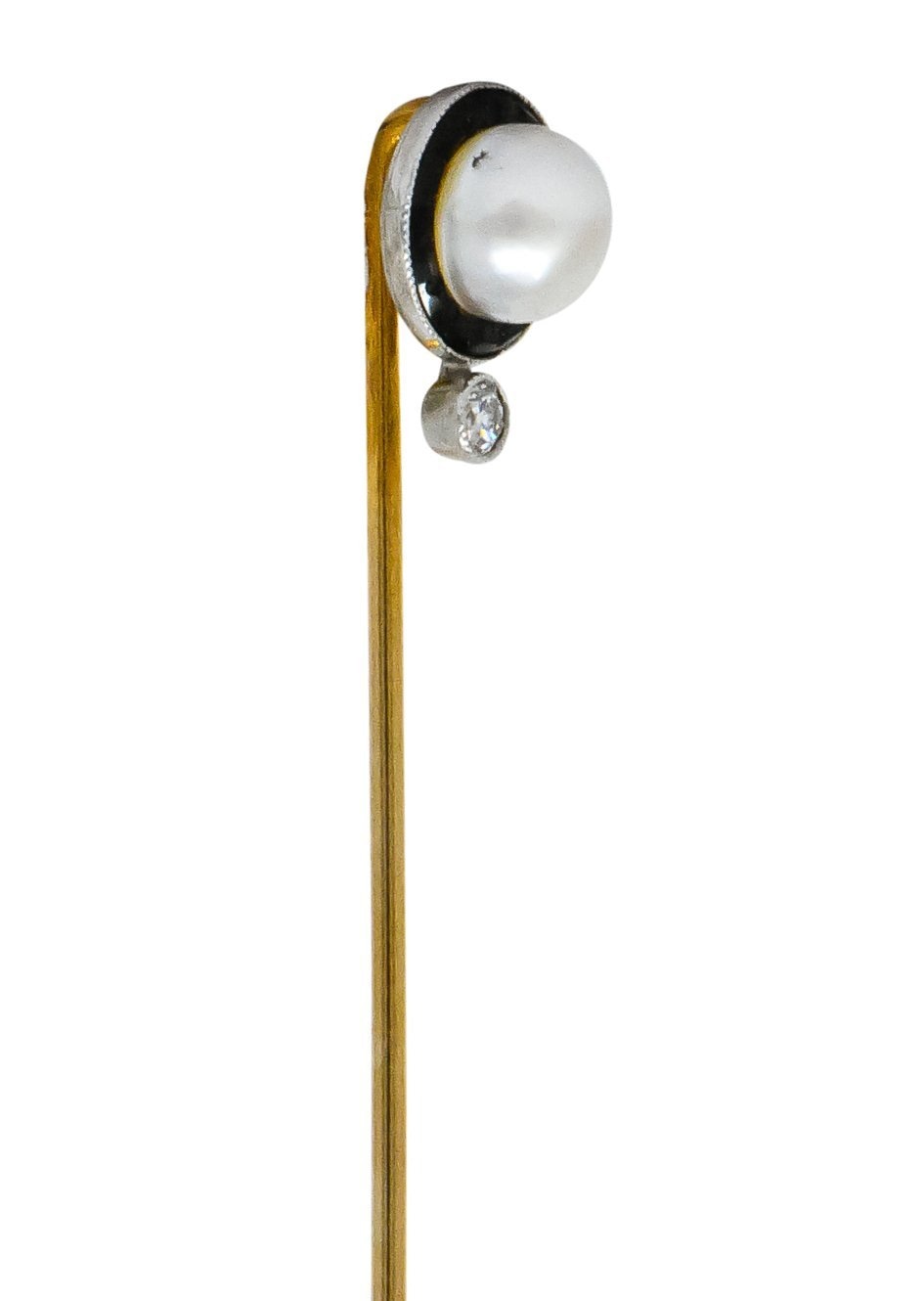 Edwardian Pearl Diamond Carved Onyx Platinum Gold Stickpin - Wilson's Estate Jewelry