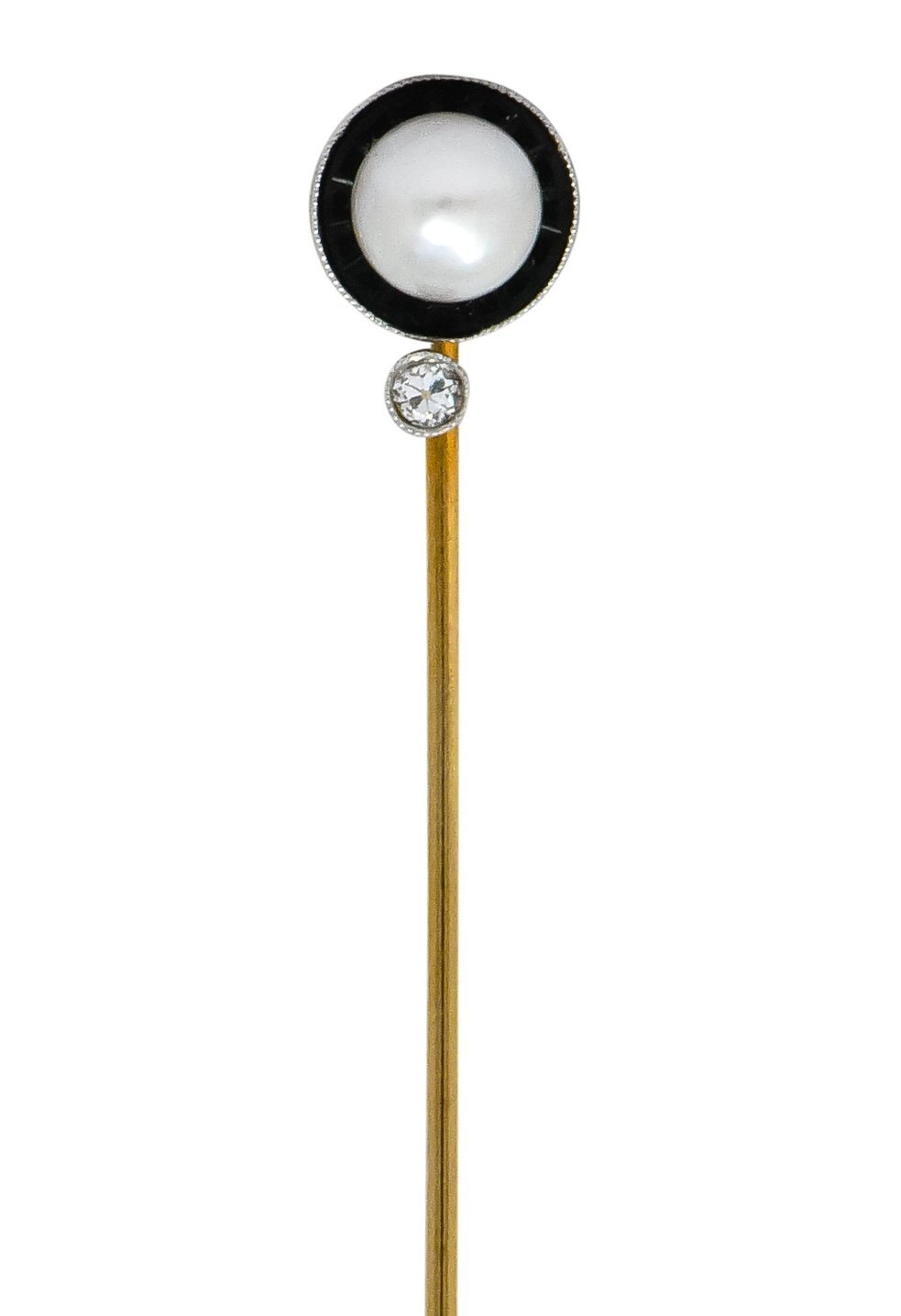 Edwardian Pearl Diamond Carved Onyx Platinum Gold Stickpin - Wilson's Estate Jewelry