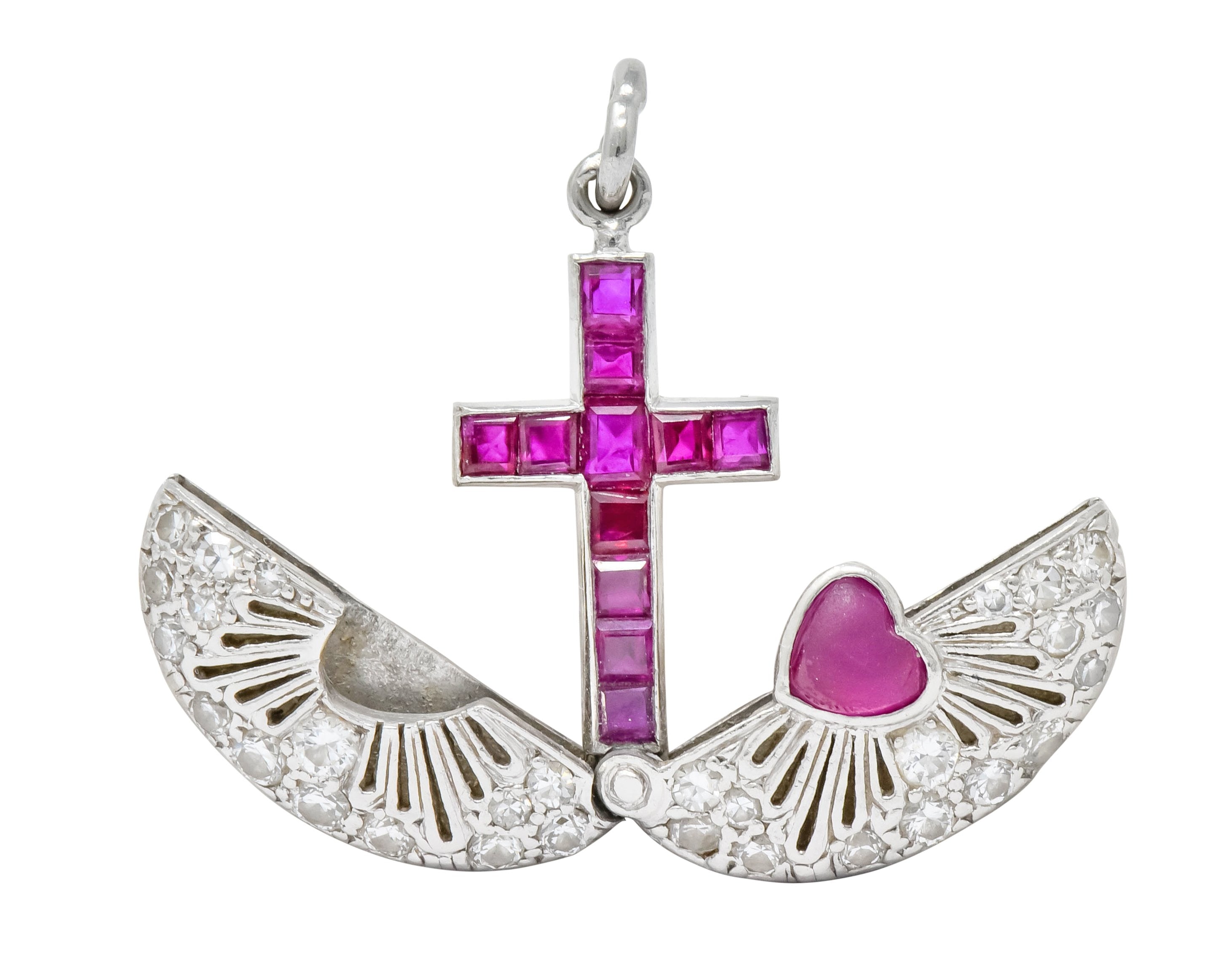 Edwardian Ruby Diamond Platinum Sacred Heart Cross Articulated Charm - Wilson's Estate Jewelry