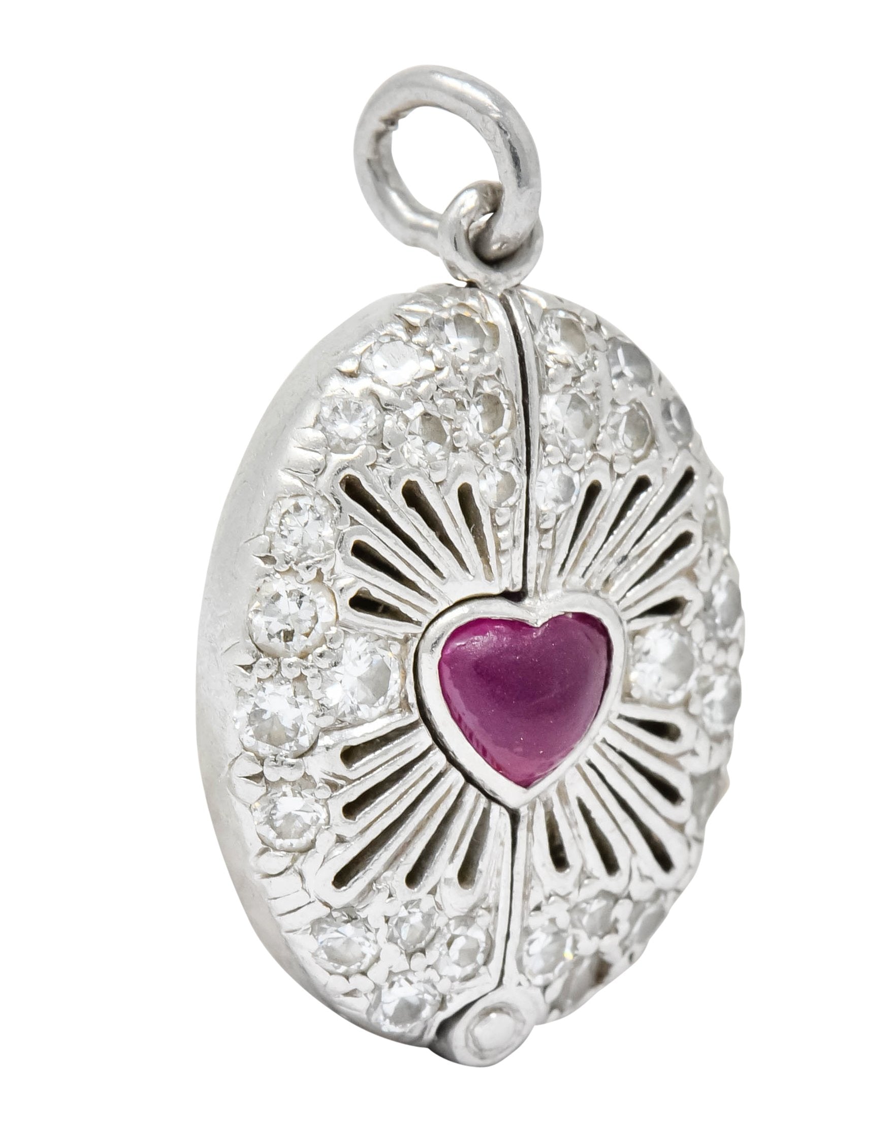 Edwardian Ruby Diamond Platinum Sacred Heart Cross Articulated Charm - Wilson's Estate Jewelry