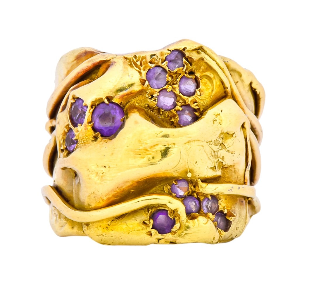 Elizabeth Gage British 1986 Vintage Amethyst 18 Karat Gold Band Ring - Wilson's Estate Jewelry