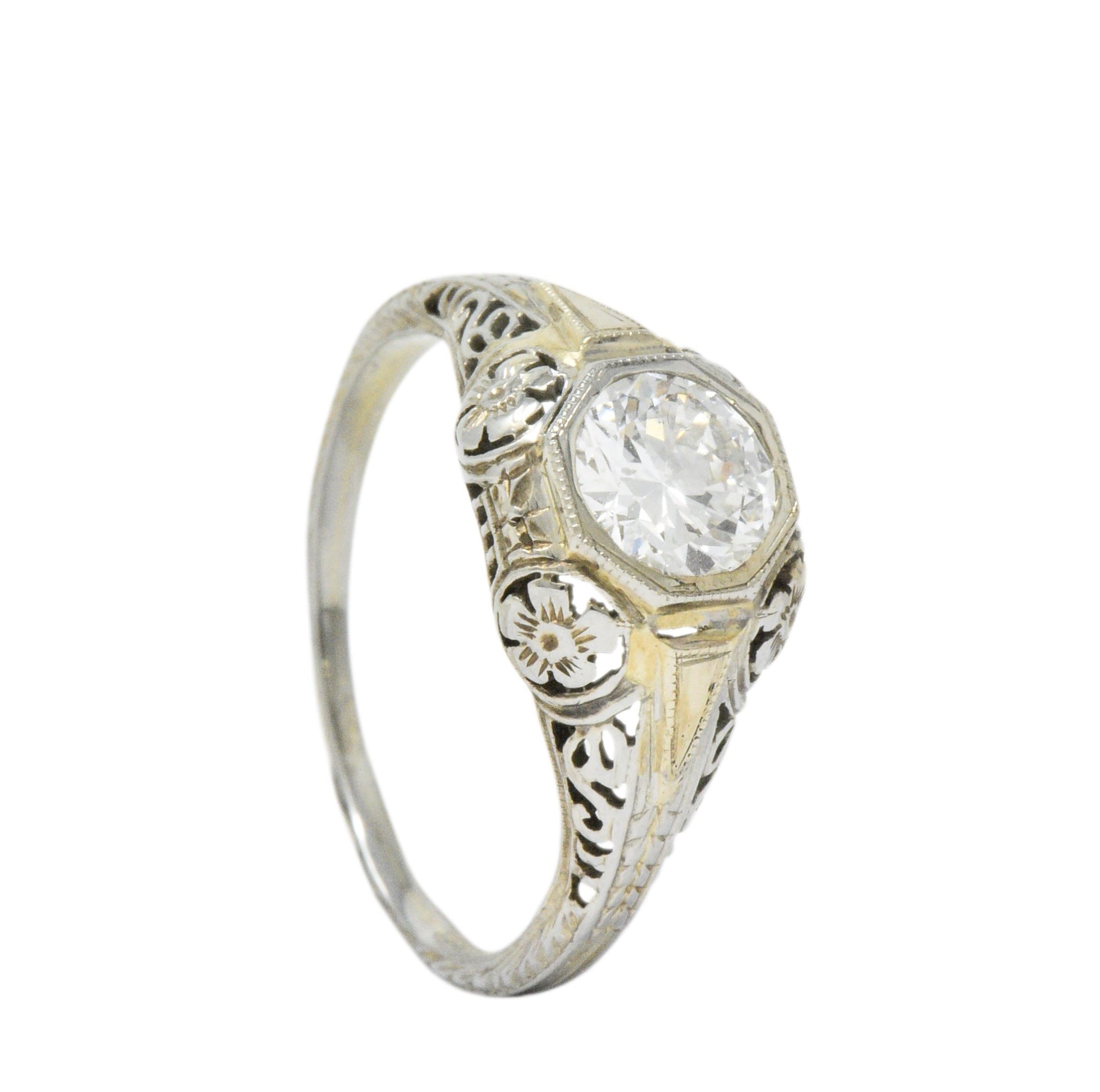 Exemplary Art Deco 0.70 CTW Diamond 18K White Gold Floral Filigree Engagement Ring Wilson's Estate Jewelry