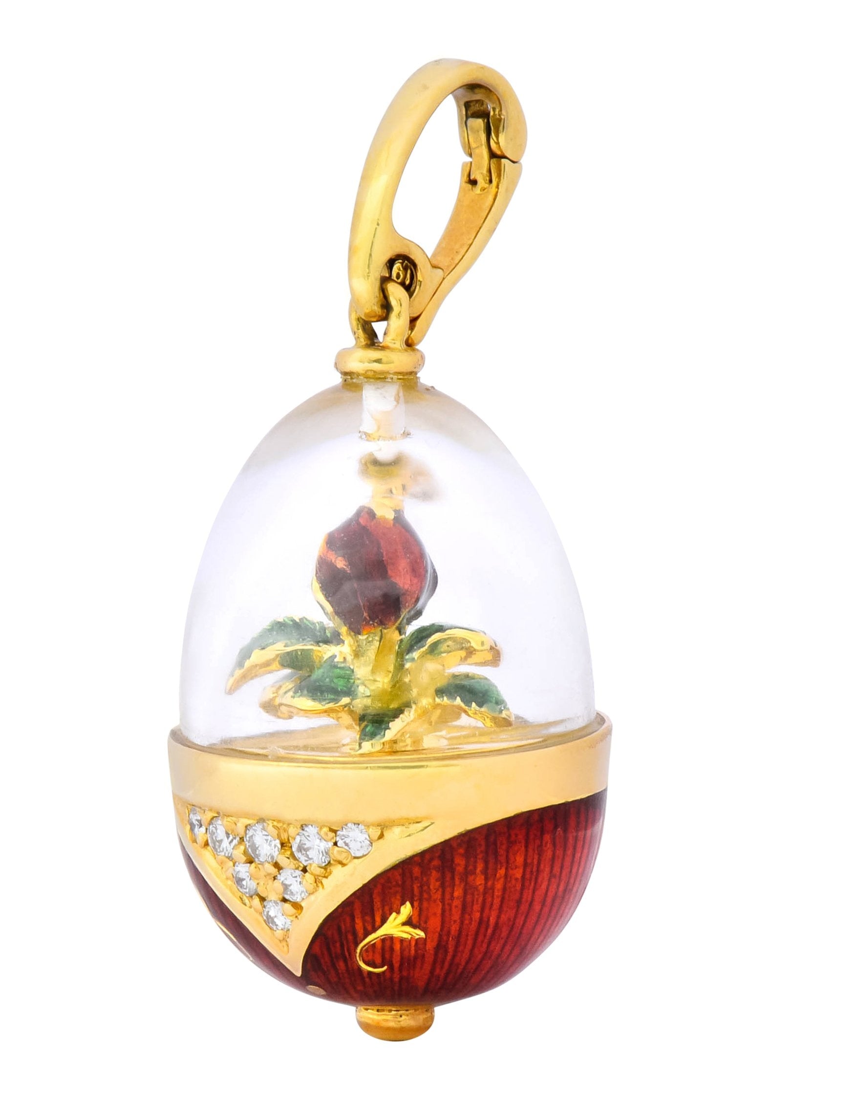 Faberge Enamel Egg Diamond 18 Karat Gold German Rose Flower Pendant - Wilson's Estate Jewelry
