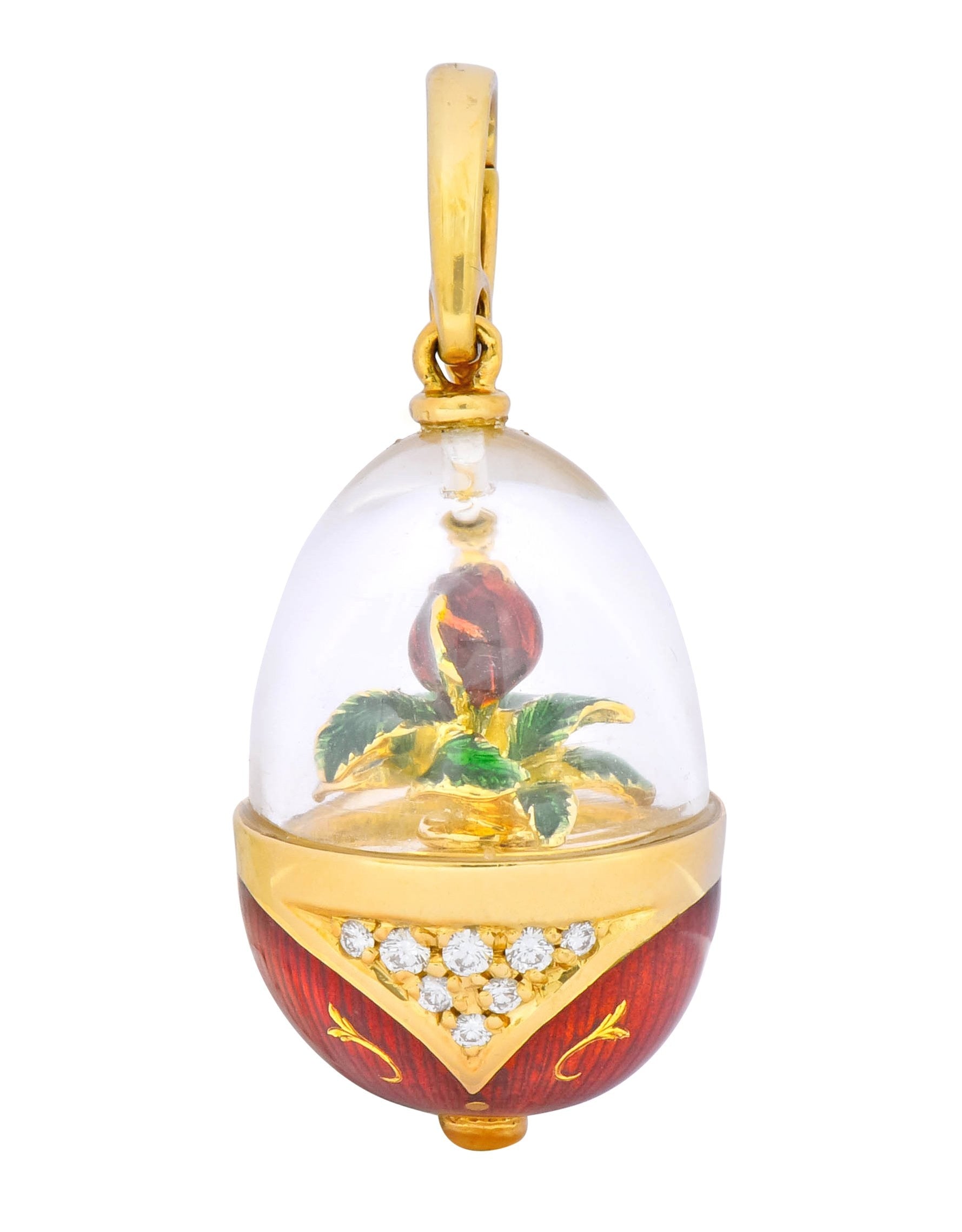 Faberge Enamel Egg Diamond 18 Karat Gold German Rose Flower Pendant - Wilson's Estate Jewelry