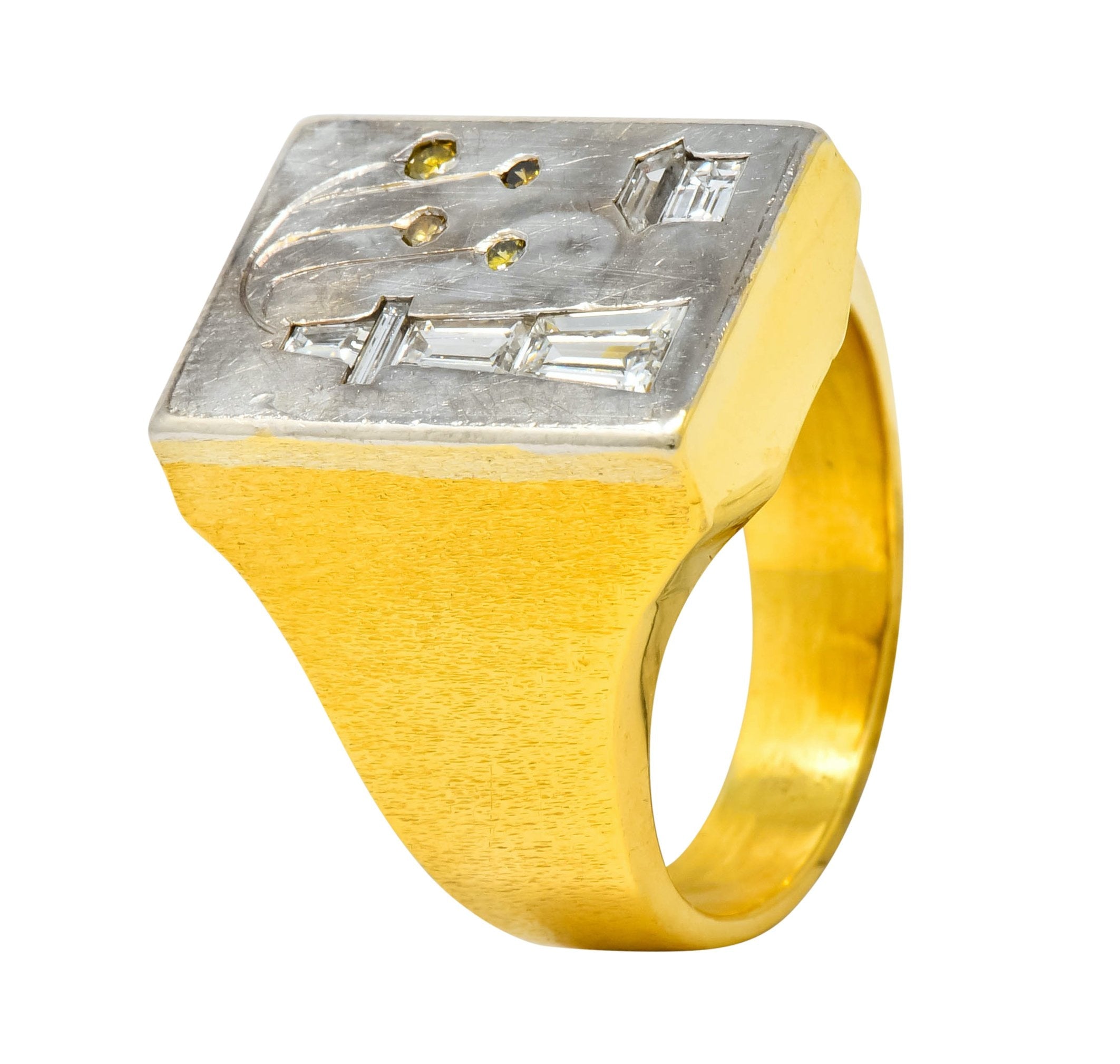 Fancy Colored Diamond Platinum 18 Karat Gold Unisex Oil Rig Signet Ring - Wilson's Estate Jewelry