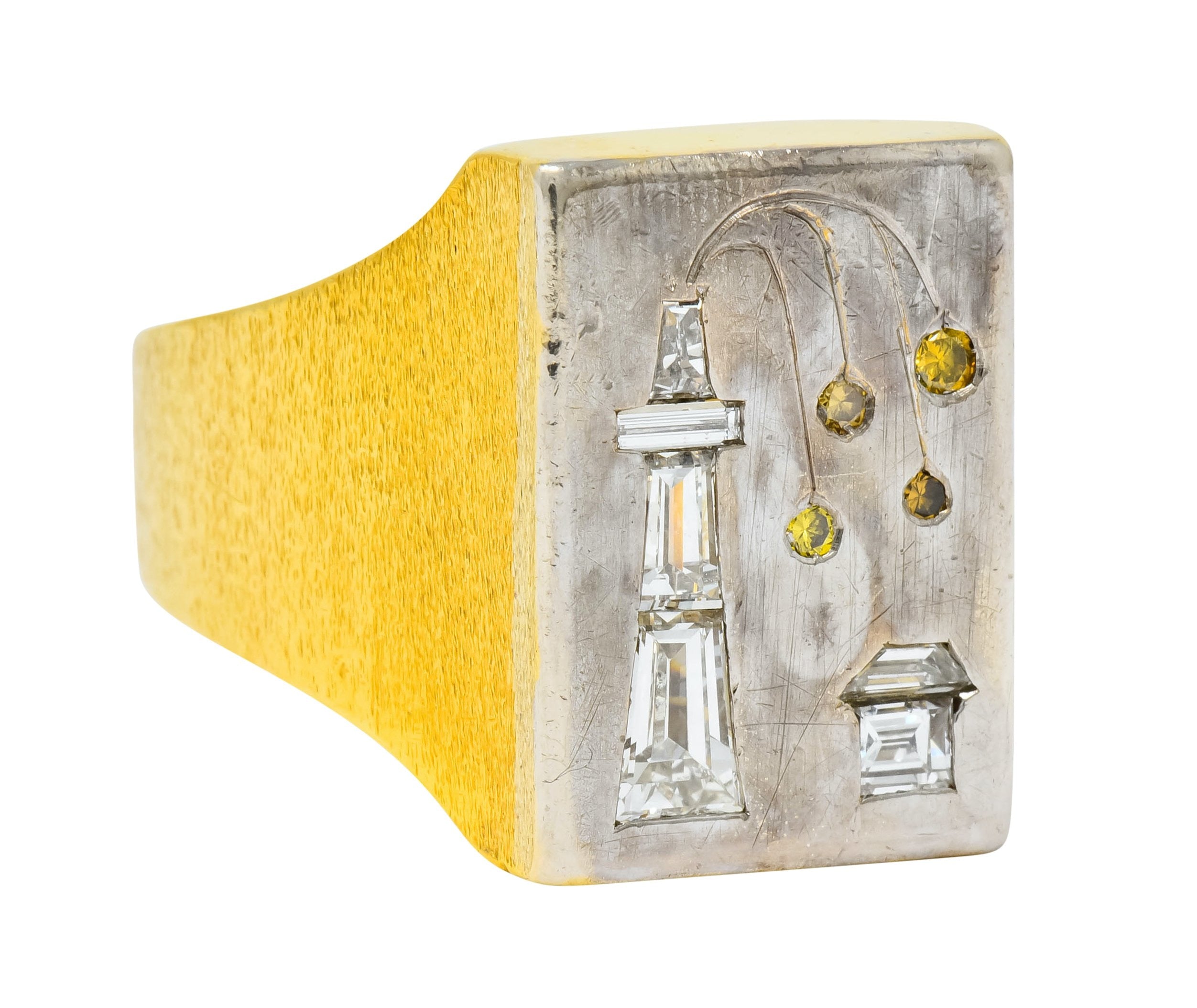 Fancy Colored Diamond Platinum 18 Karat Gold Unisex Oil Rig Signet Ring - Wilson's Estate Jewelry